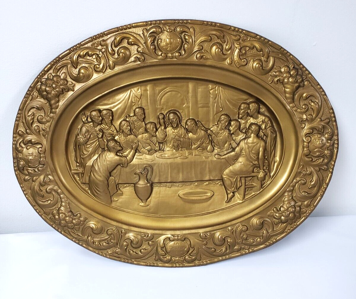 Vintage The Last Supper Embossed Metal Wall Hanging Plaque Home Decorative 18inw