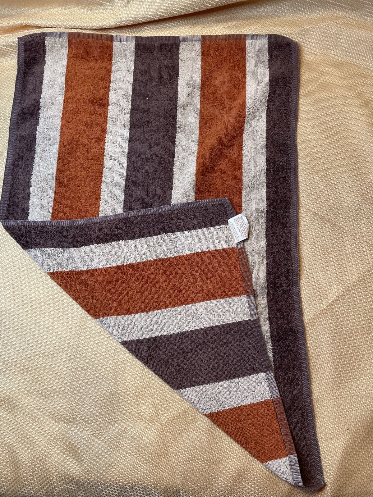 Vtg Stevens Utica Hand Towel Retro Orange Brown Stripes MCM USA COTTON Reverse