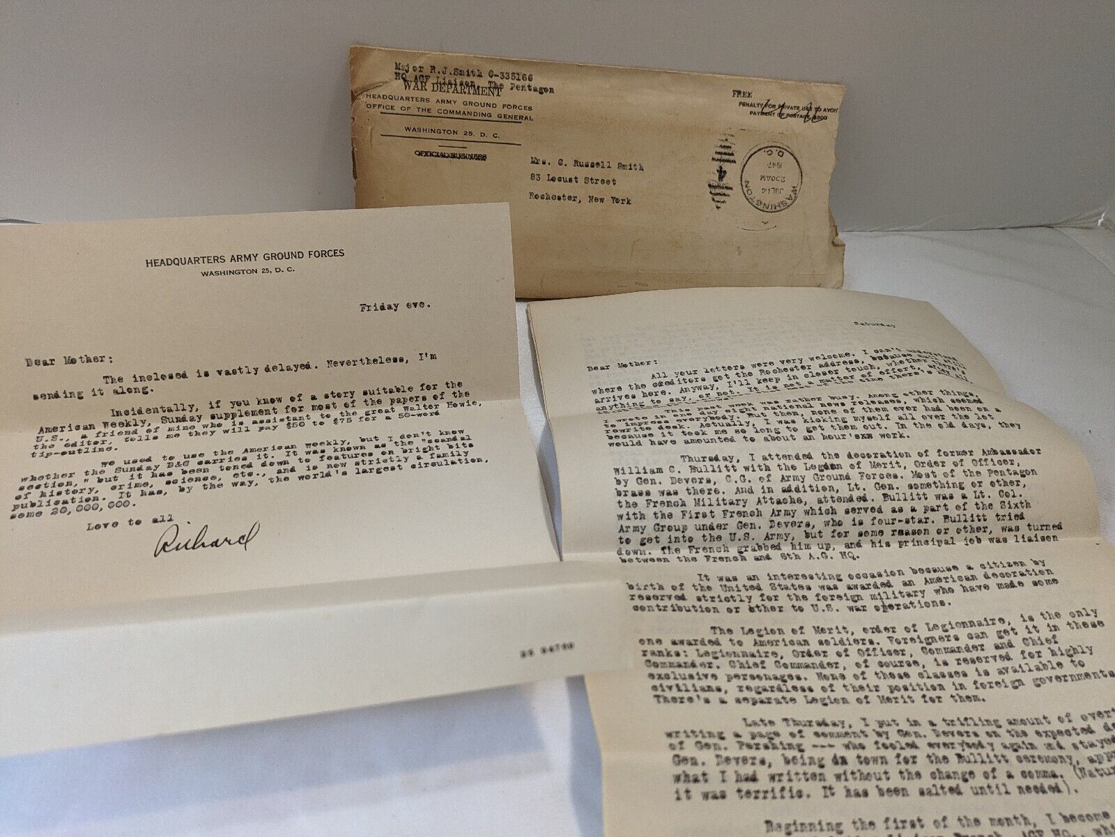 Vintage Very Long Interesting Letter 1947 Major in the Pentagon, Genealogy