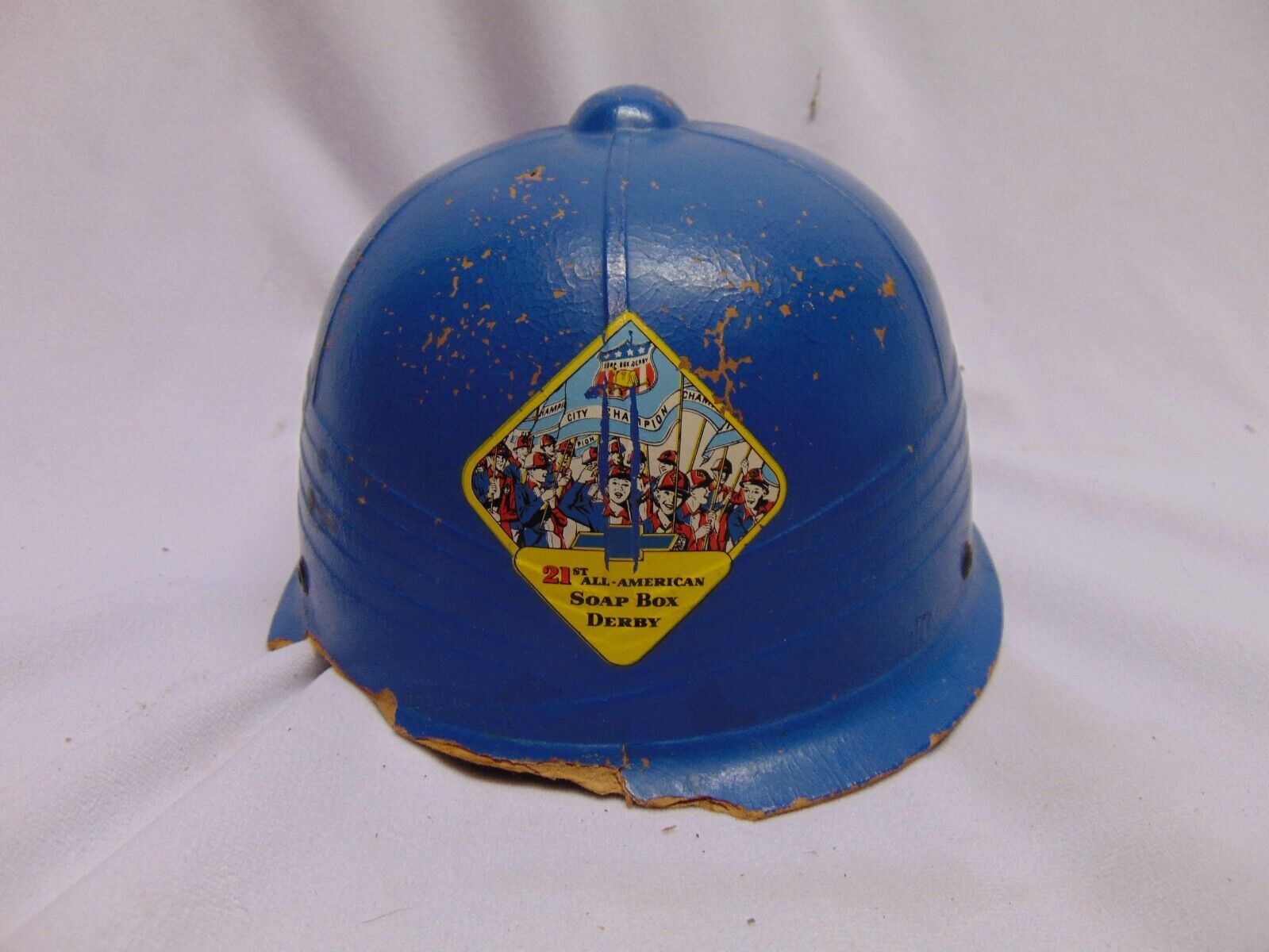 Vintage 21st All American Soap Box Derby blue helmet with strap 9 1/2