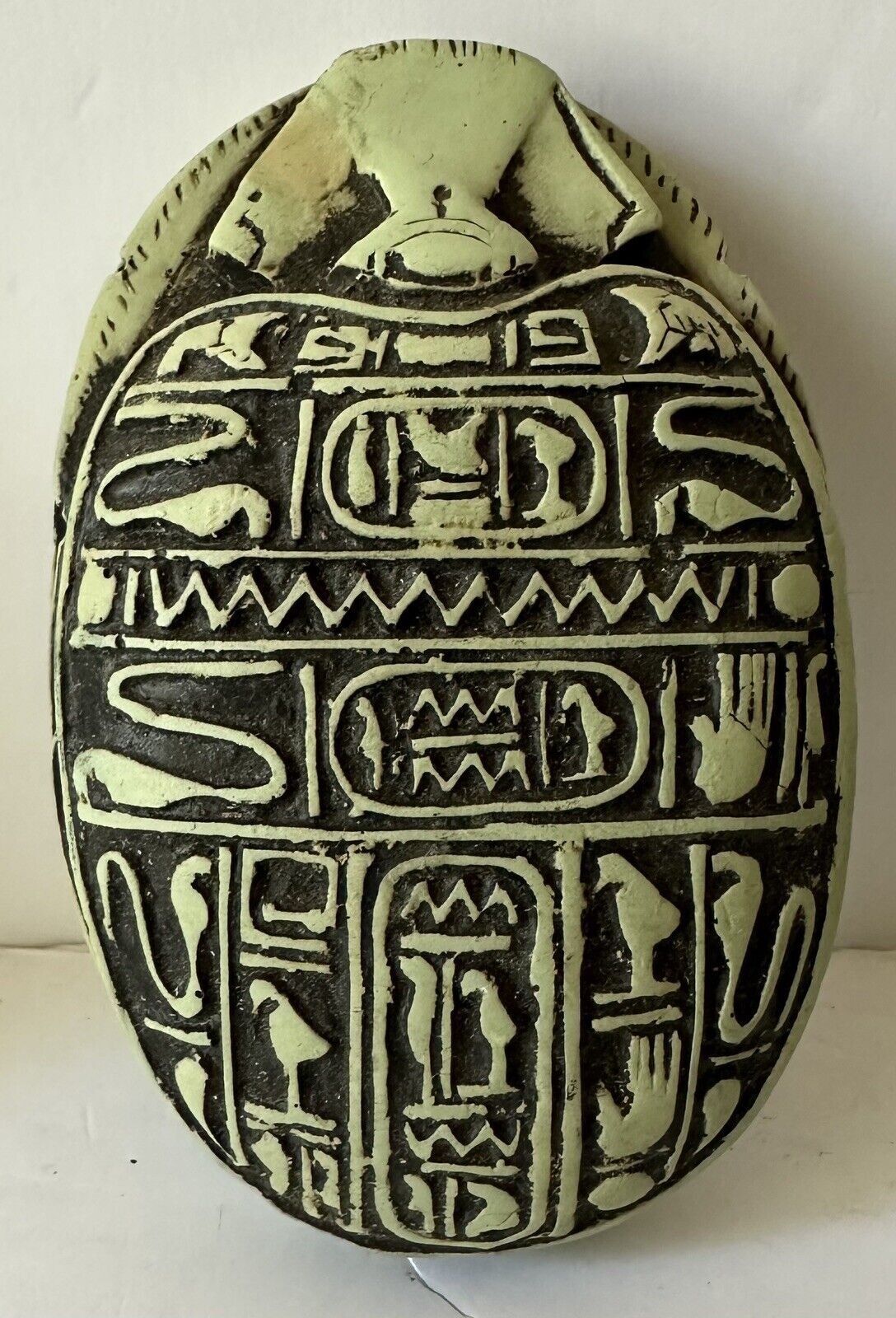 Vintage Egyptian Hand Carved Green Stone Scarab Beetle w/ Hieroglyphs