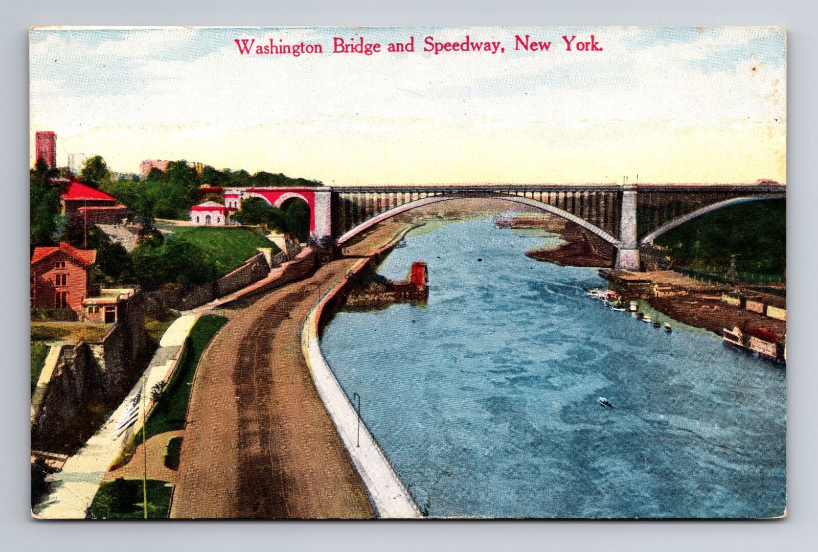 New York City NY, Washington Bridge, Speedway, Vintage Souvenir Postcard