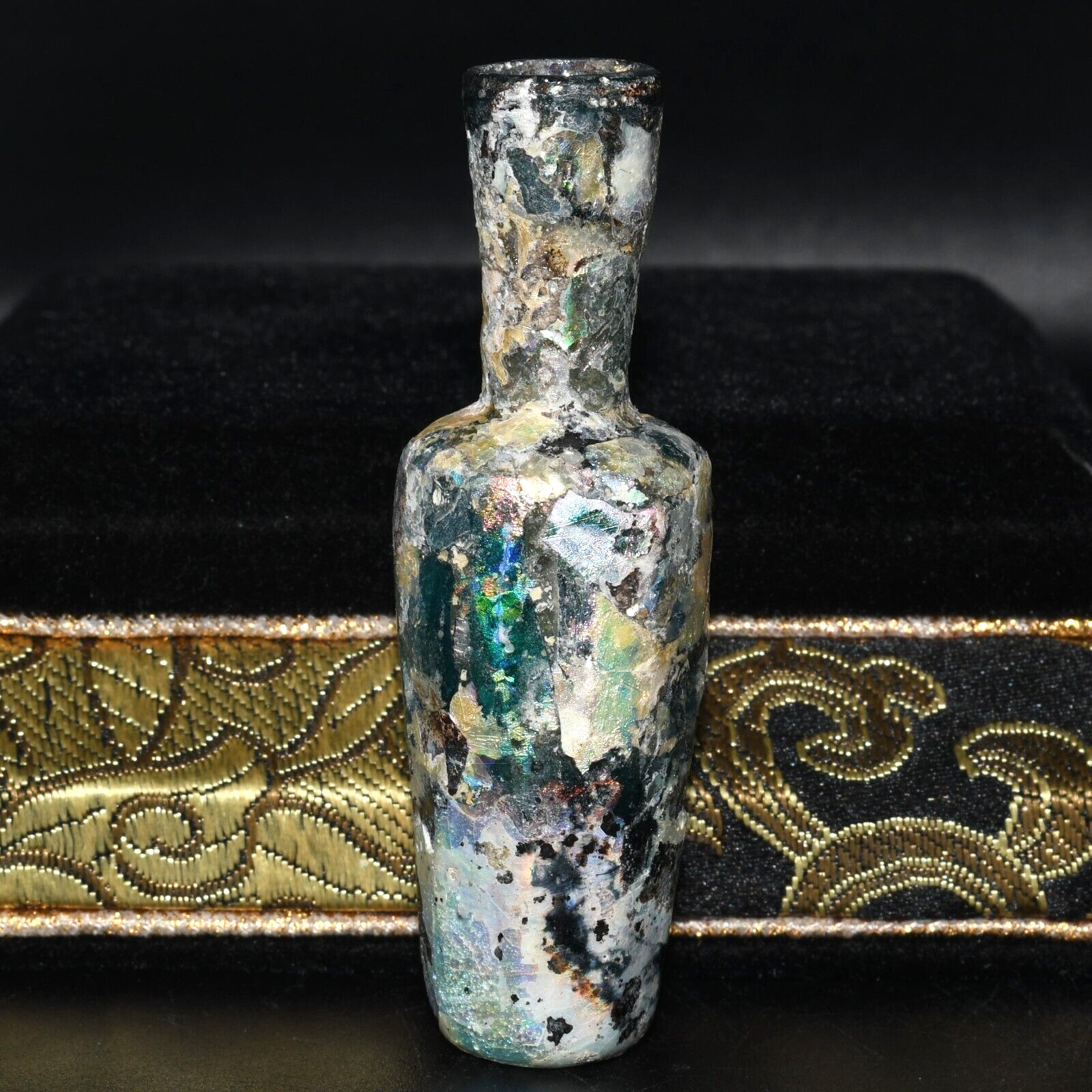 Ancient Roman Glass Bottle with Extremely Strong Rainbow Patina Ca. 1st Century