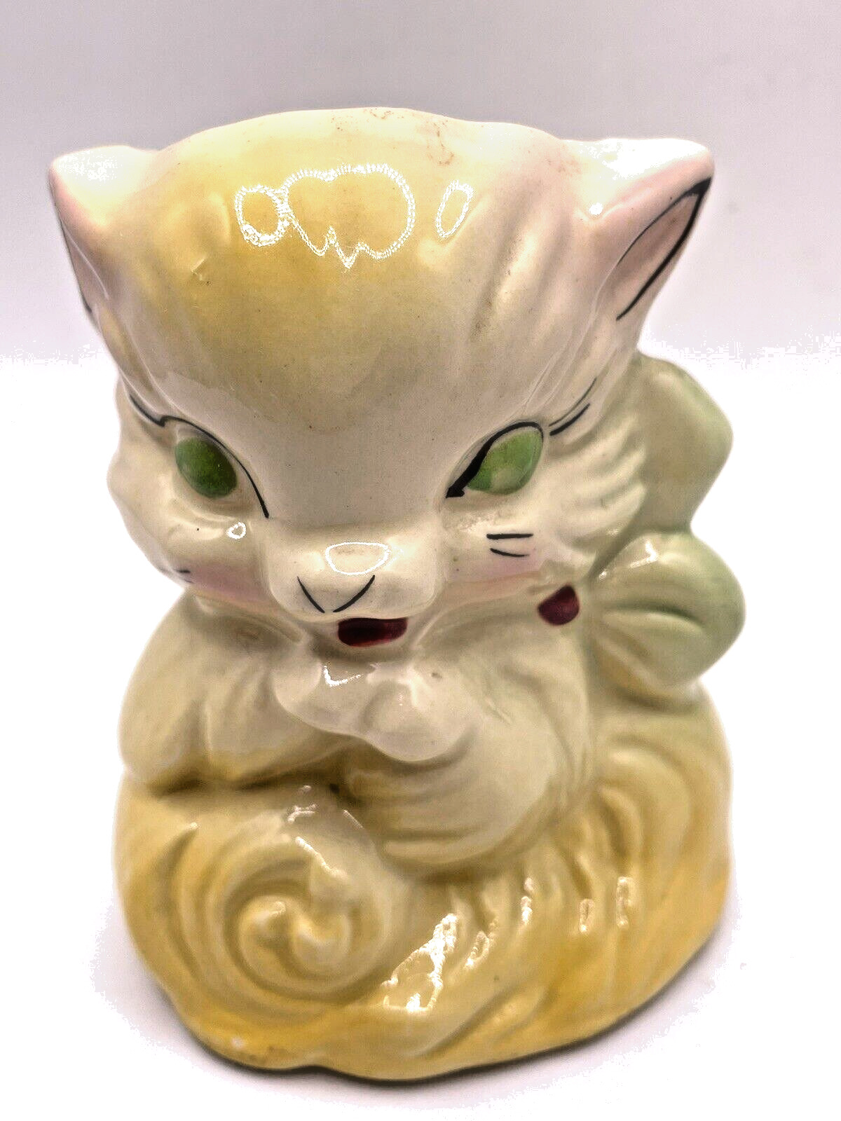 Vintage Cat Vase Planter Kitten Kitsch Ceramic Yellow with Green Bow 4\
