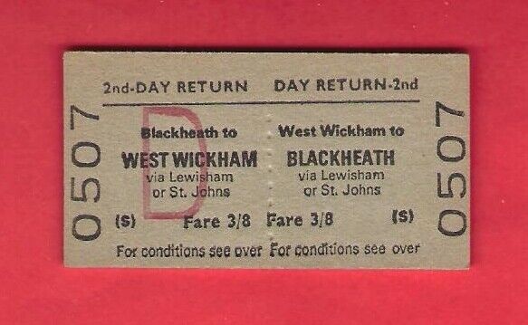 Old Railway Ticket ~ BR (S) 2nd Class Day Return - West Wickham to Blackheath