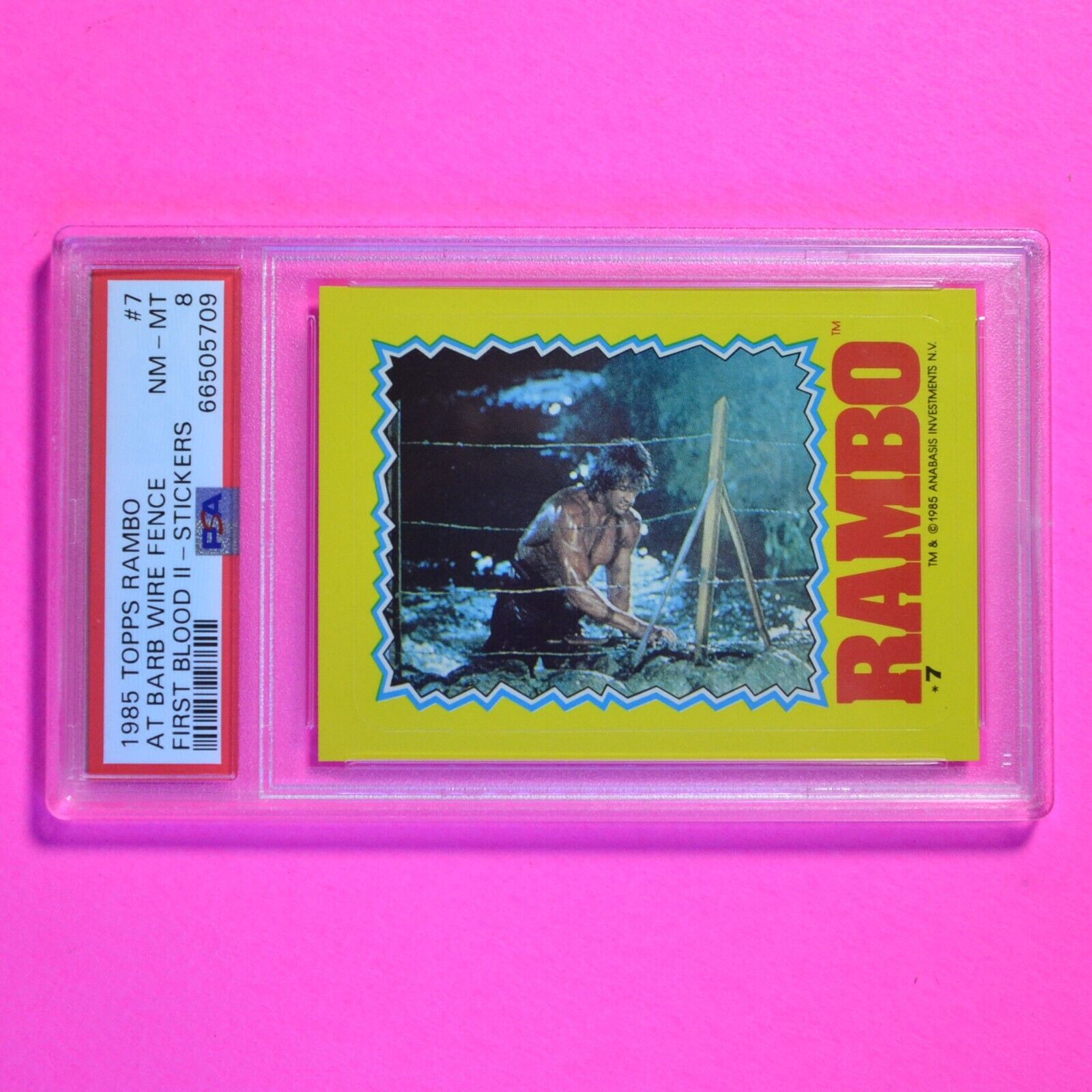 Sylvester Stallone 1985 Topps Rambo First Blood 2, Stickers #7 - PSA 8 NmMt