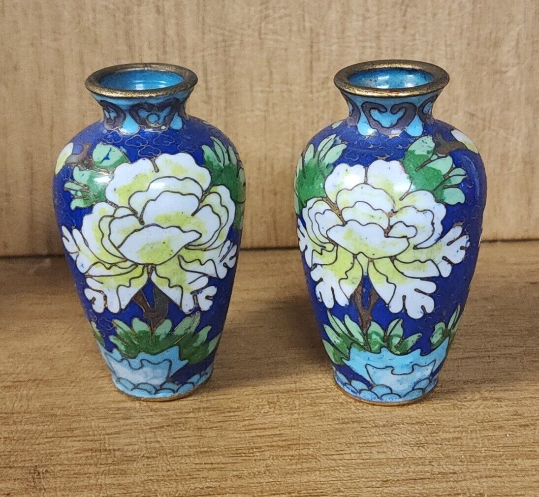 2 Vintage Brass Blue Enamel Cloisonne Floral Pair Small Miniature Vases 3\