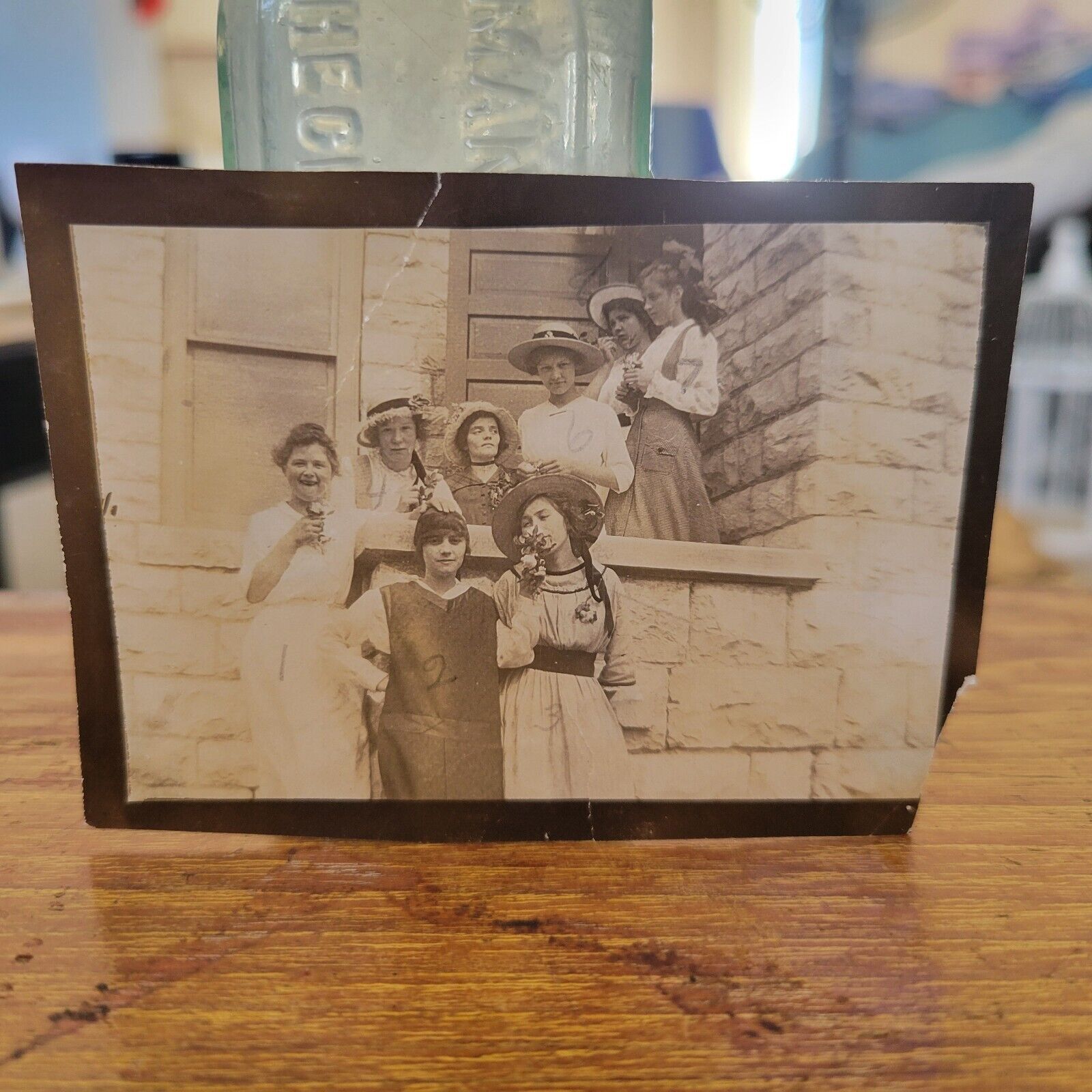 Vintage Early 20th Century Photograph Young Women On Stoop 3in X 2in Named