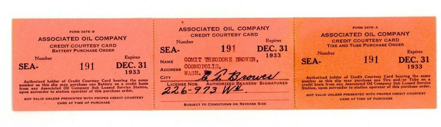 Vintage Associated Oil Company 3 Part Credit Courtesy Card SEA 191 1933 