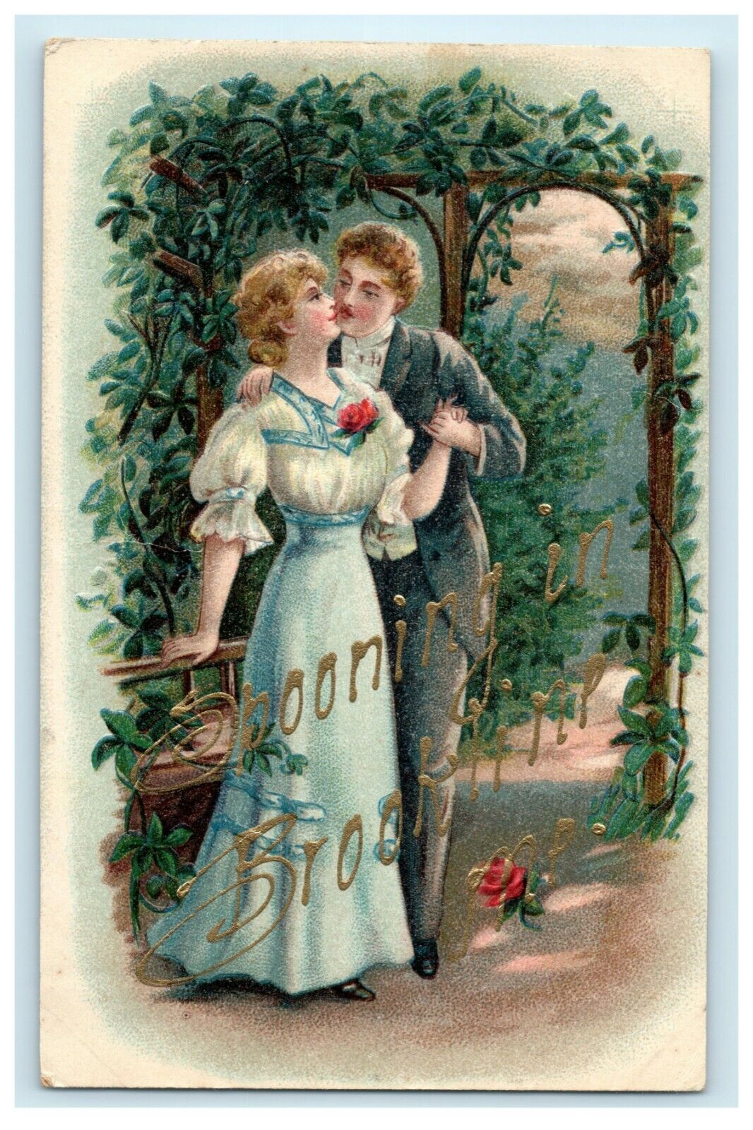 c1910 Spooning in Brooklin Maine ME Romantic Couple Embossed Germany Postcard