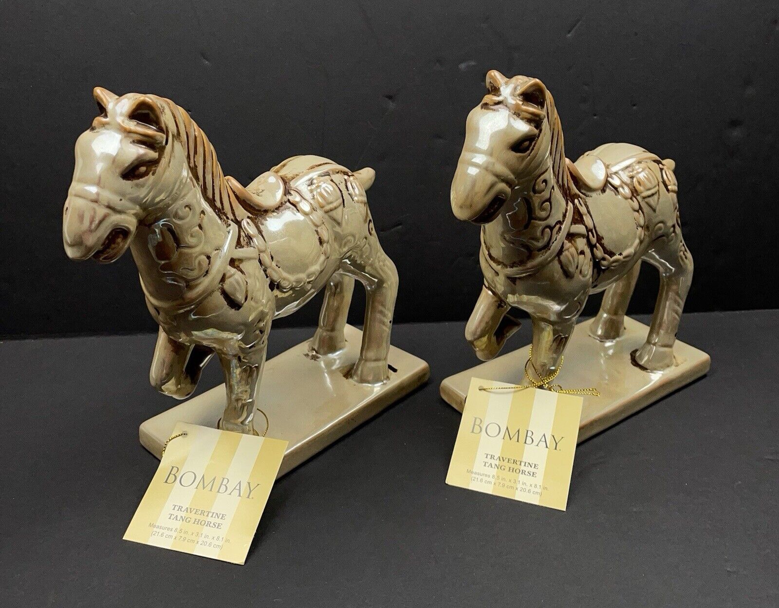 The Bombay Company Travertine Tang Trojan Horse Statue Set Of 2 NWT 9”