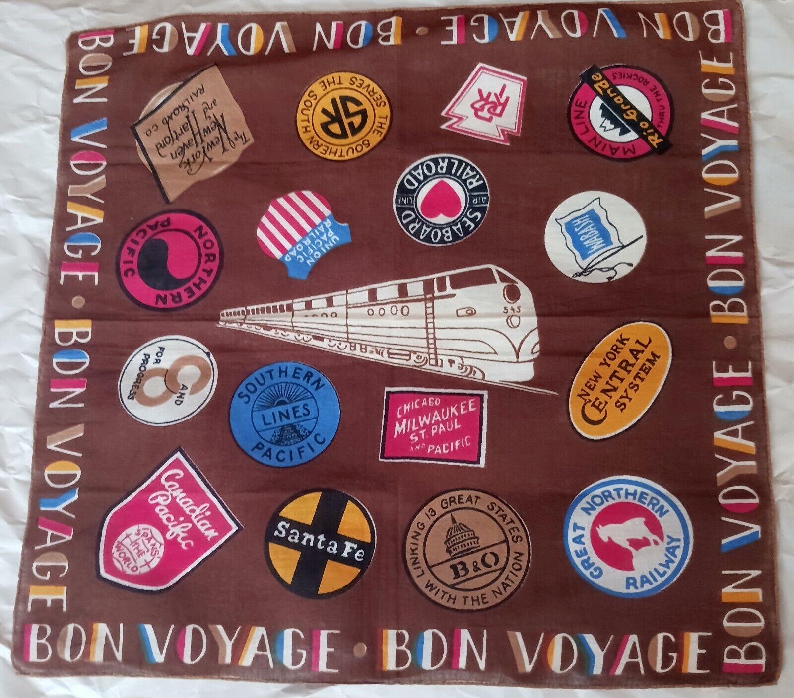 Vintage Bon Voyage Handkerchief with Railroad Train Logos Seaboard Southern MORE
