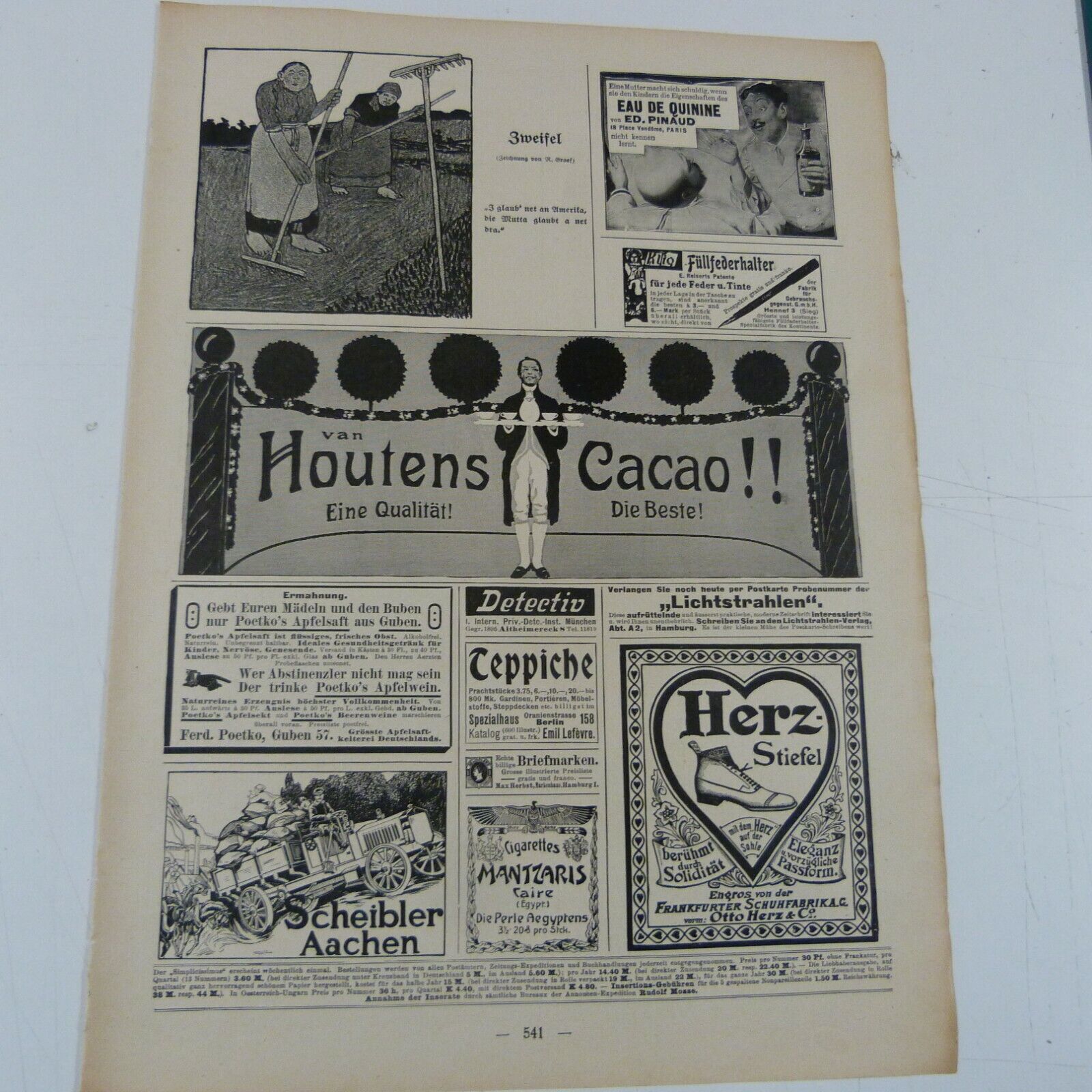 SIMPLICISSIMUS Cartoon / Werbung 1907 Houtens Cacao, Herz Stiefel, Scheibler 