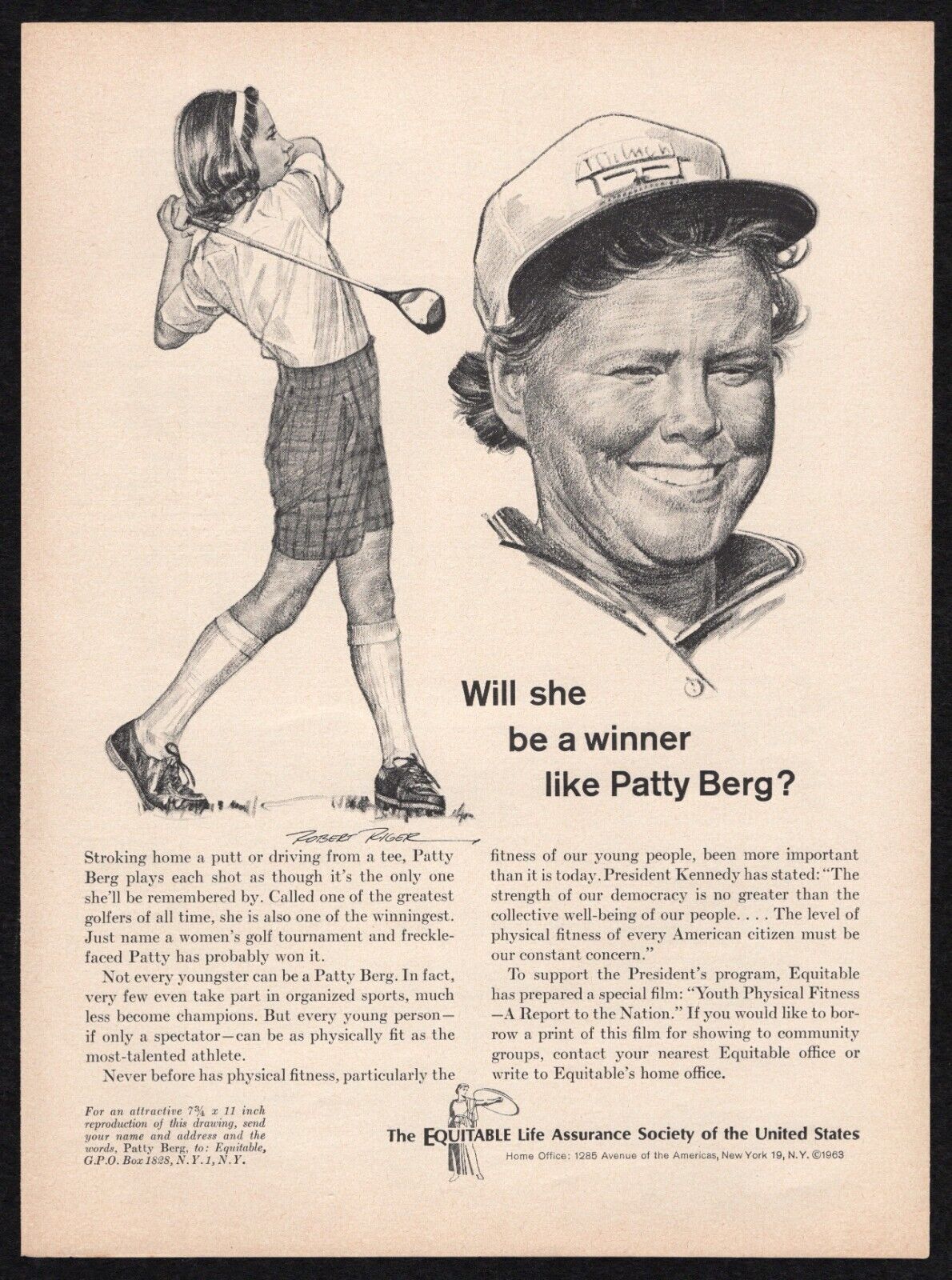 1963 Equitable Life Assurance Society Will She Win Like Patty Berg Golf Print Ad
