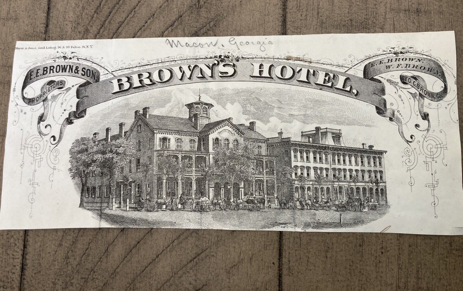 19th C Paper Engraving Brown’s Hotel Macon Georgia
