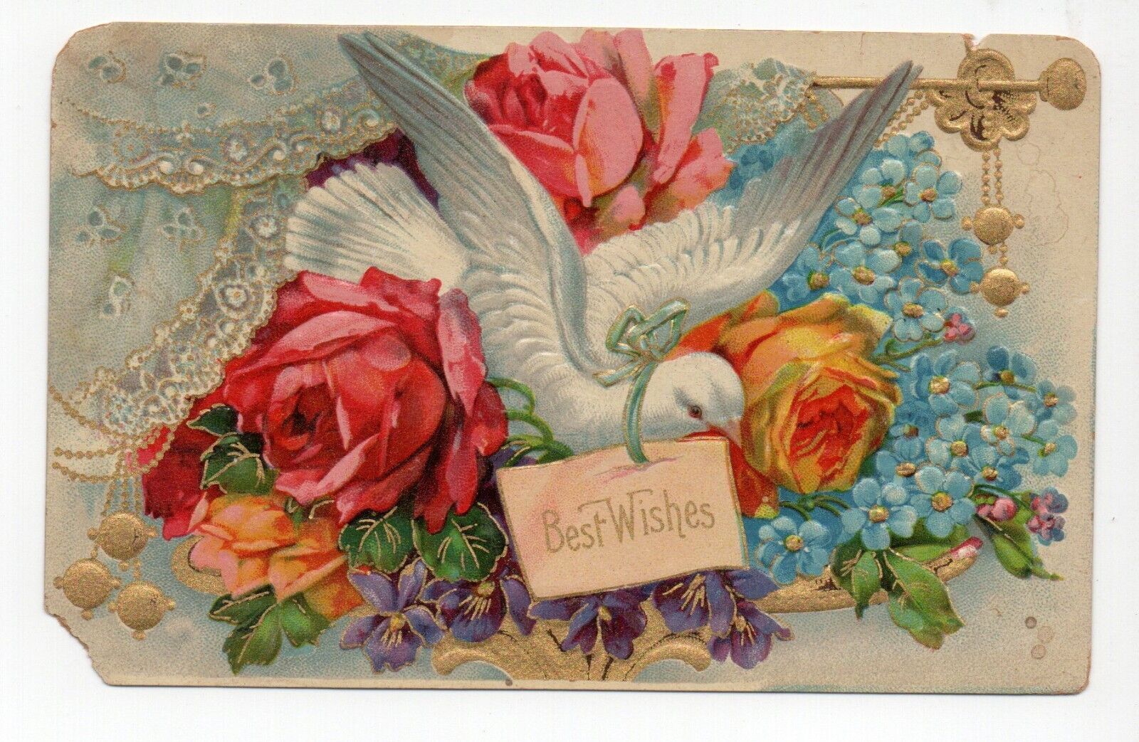 Beautiful Roses Blue Flowers Dove Lace Best Wishes Embossed Vintage Postcard
