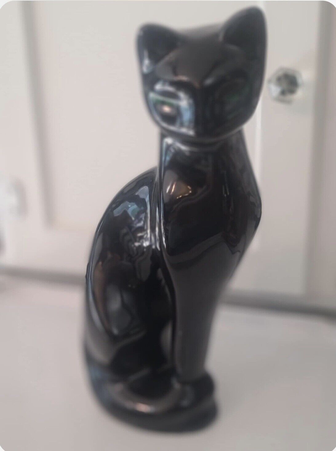 Vintage 11.25” Porcelain Black Siamese Cat With Green Eyes Figurine.