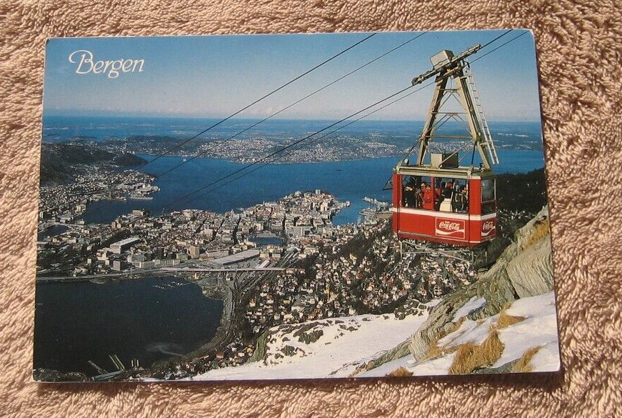 Bergen Norway Norge Cable Car Aerial View Coca Cola 1950\'s Postcard