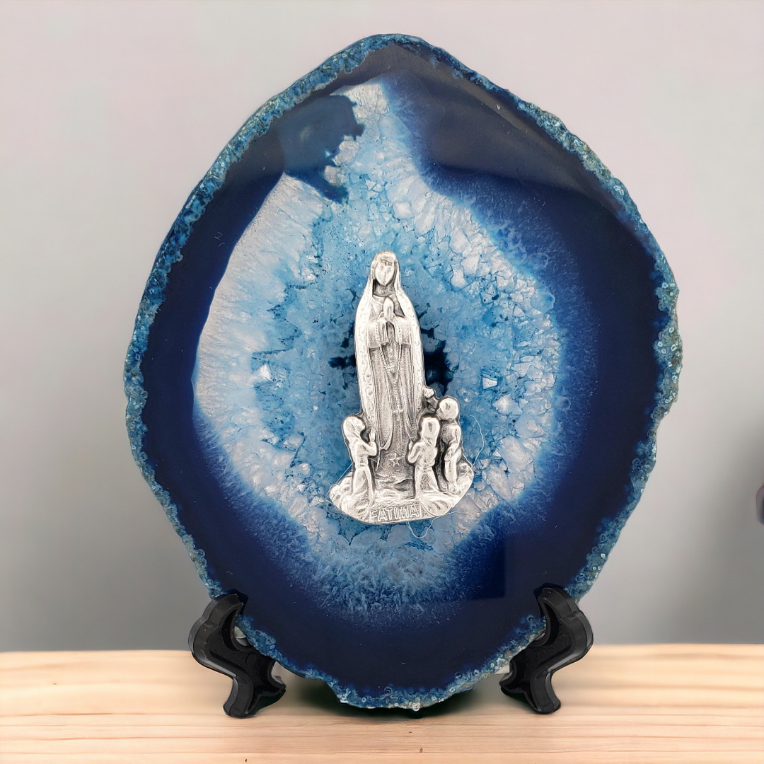Our Lady Of Fatima Metal Figure On Beautiful Blue Agate Base Display