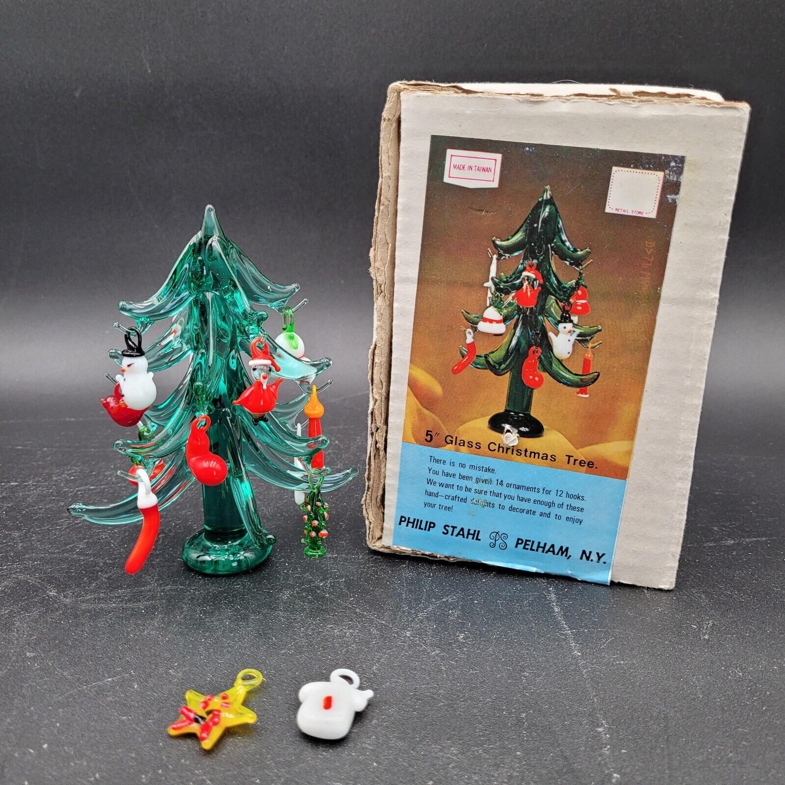 Rare Vintage Philip Stahl Glass Christmas Tree & Minature Ornaments Original Box