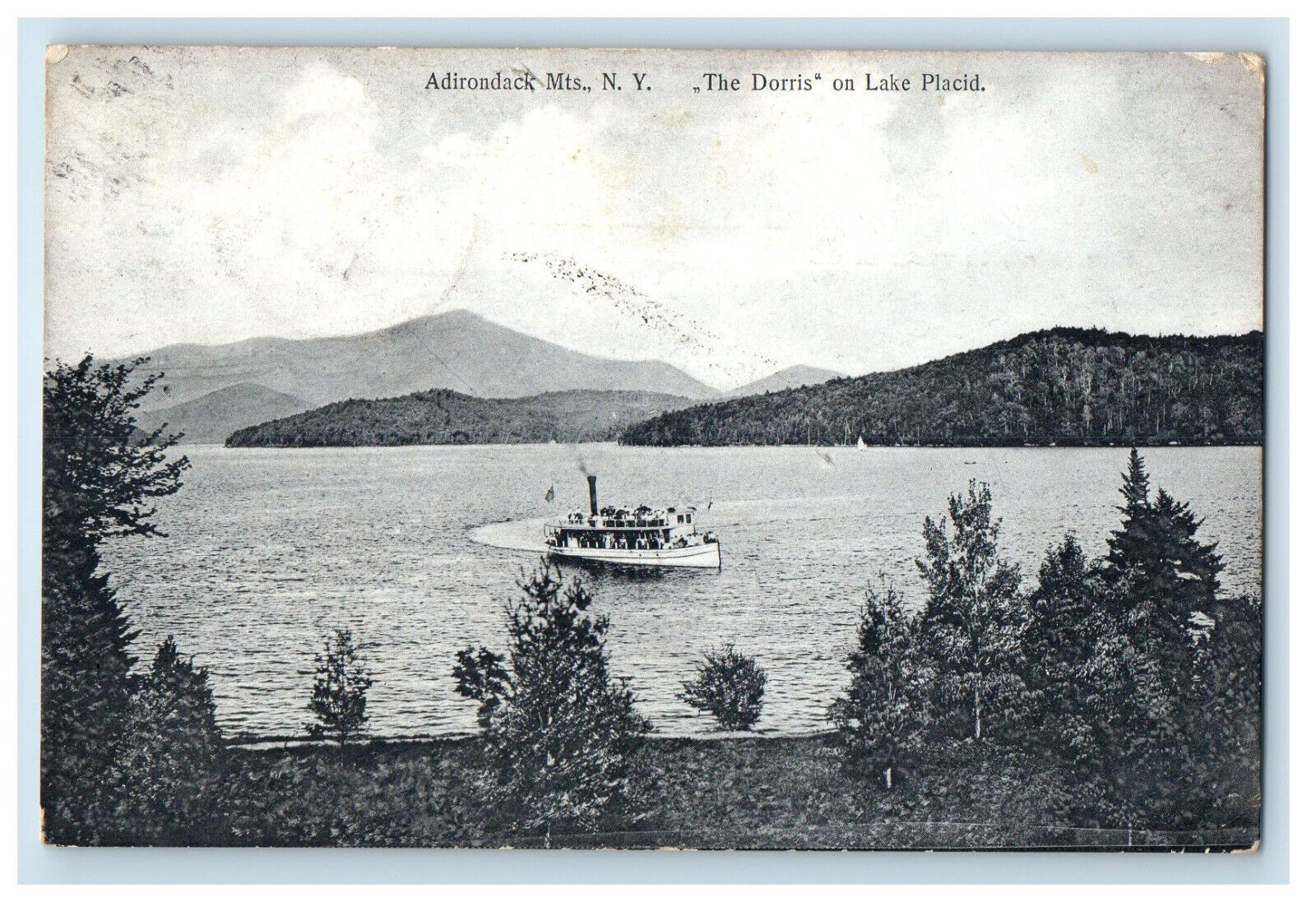 1907 Steamship Scene The Dorris on Lake Placid, Adirondack Mountains NY Postcard