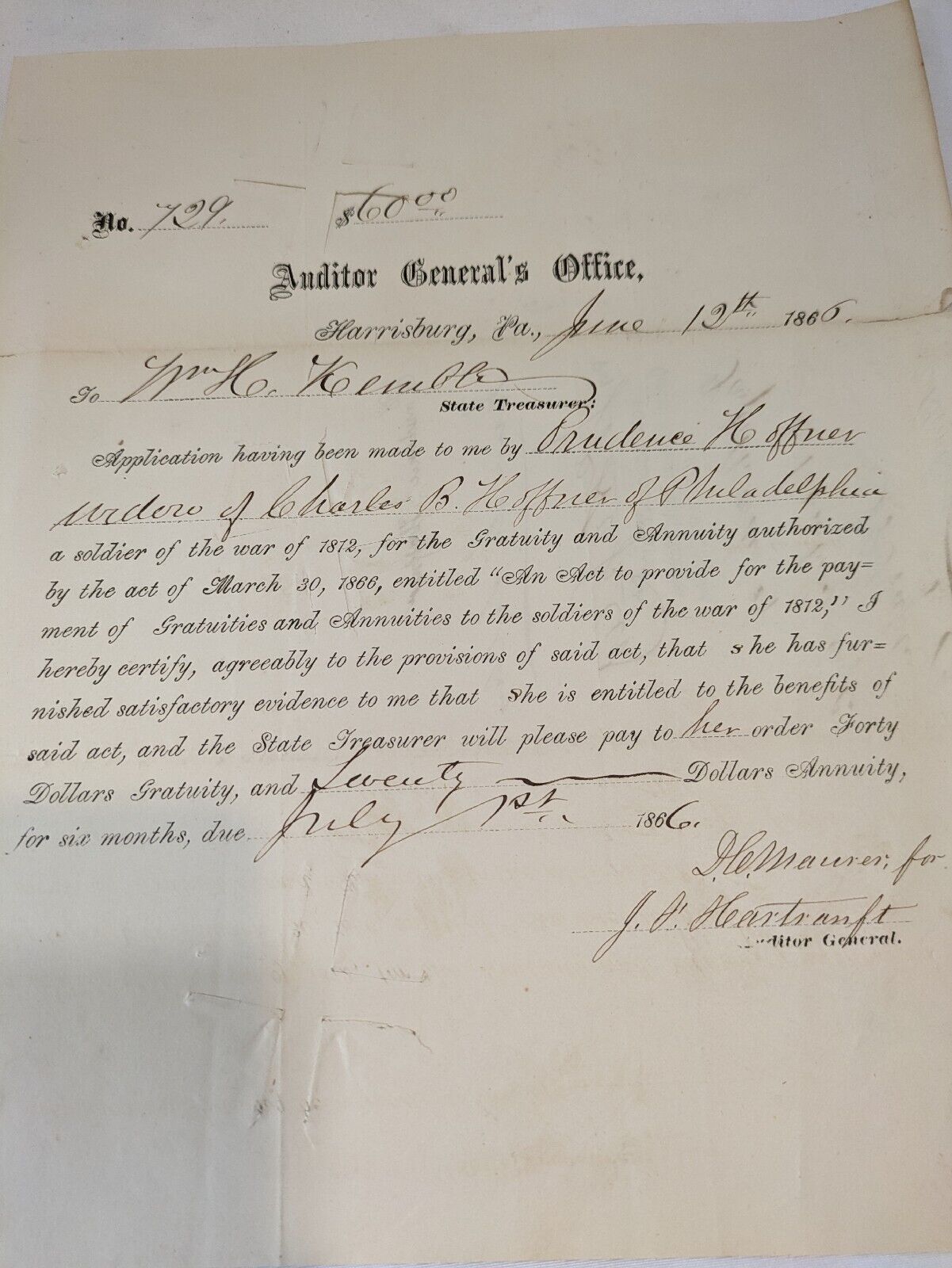 Antique 1866 Pennsylvania Annuity Agreement to Prudence Hoffner, 1812 War Widow