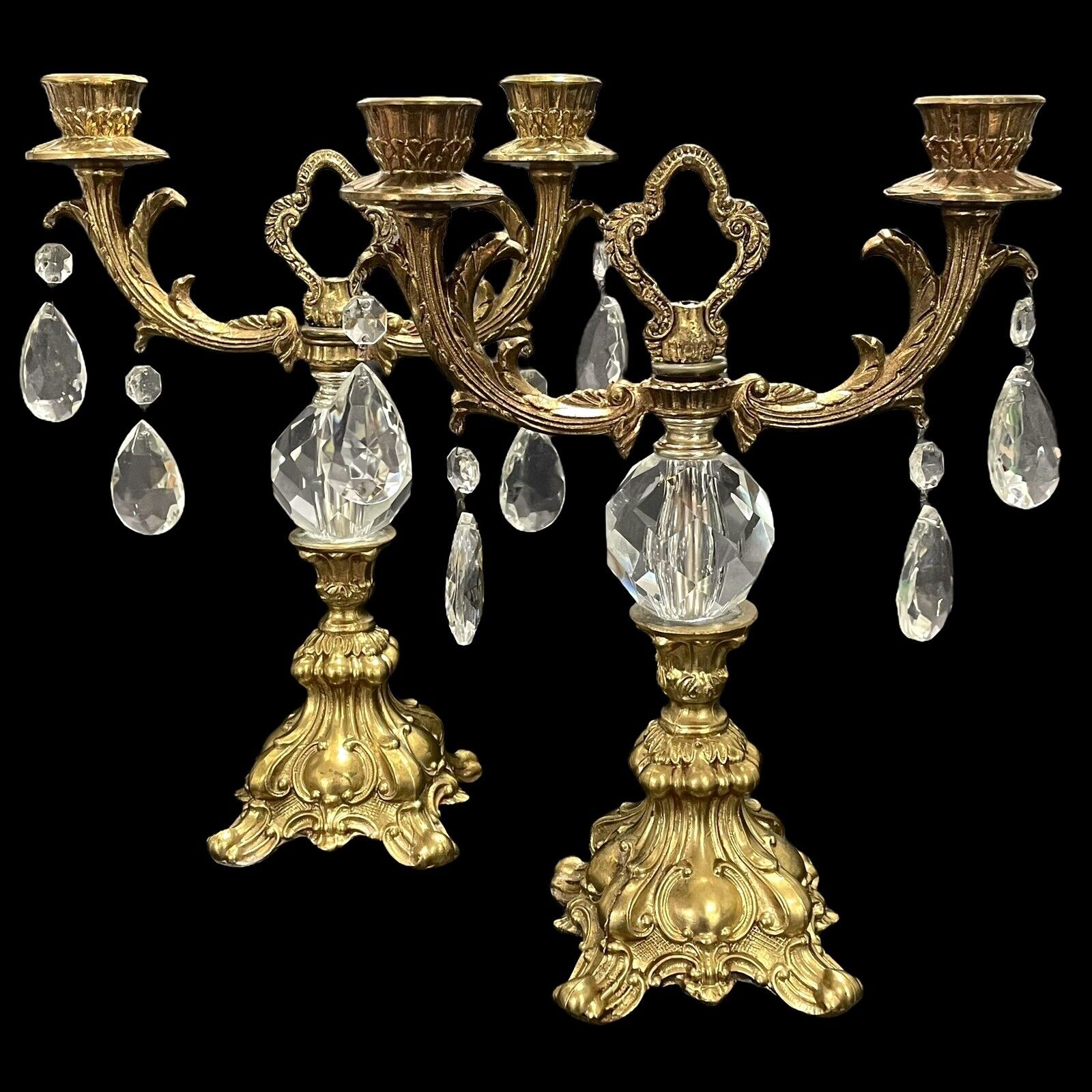 Vintage 1950s Set of 2 Candelabra Rococo Style Chateau 2 Arms Casted Solid Brass