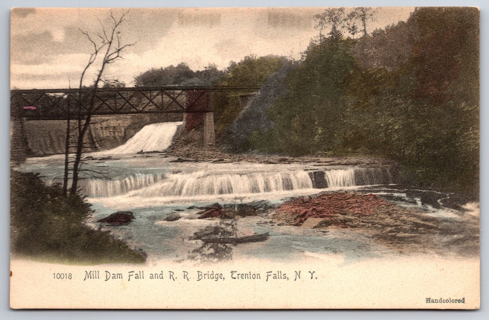 Trenton Falls NY~Mill Dam Falls Rail Road Bridge~Hand Colored~Rotograph~c1905 PC