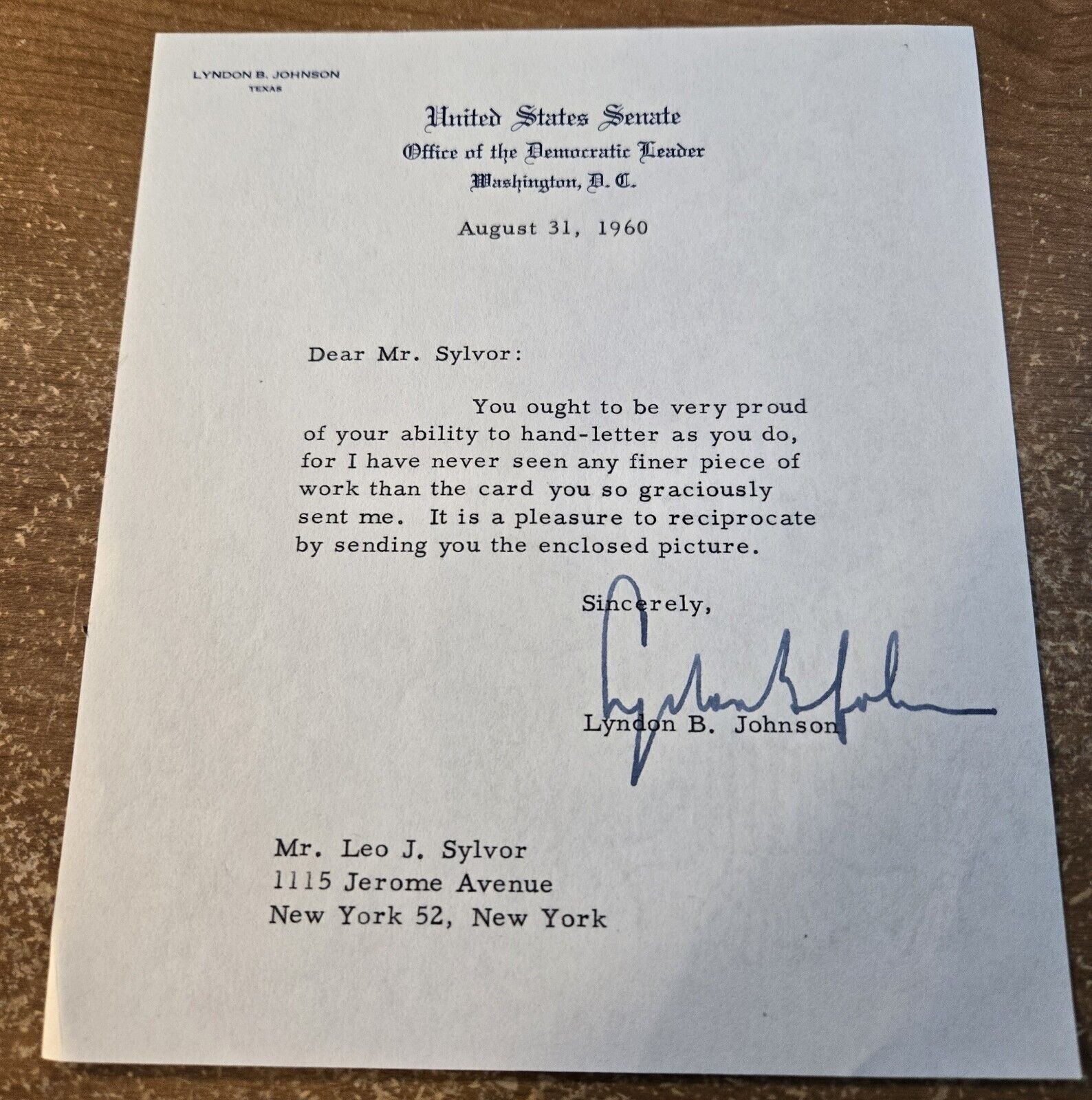 President Lyndon B. Johnson Authentic & Vintage Signed 1960 U.S. Senate Letter