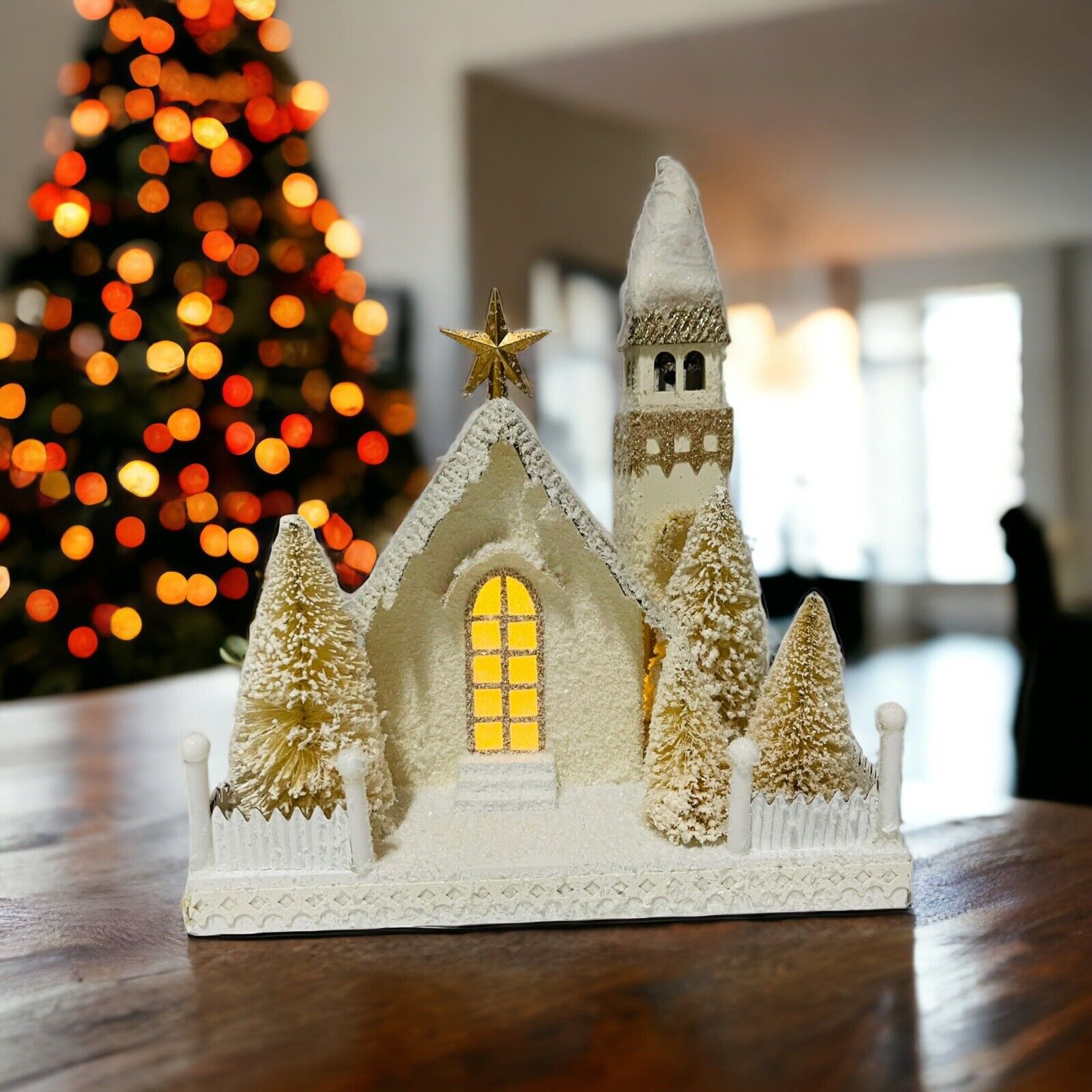 Pier 1 One Christmas White Church Bell Tower Paper Light-Up Cottagecore Snow