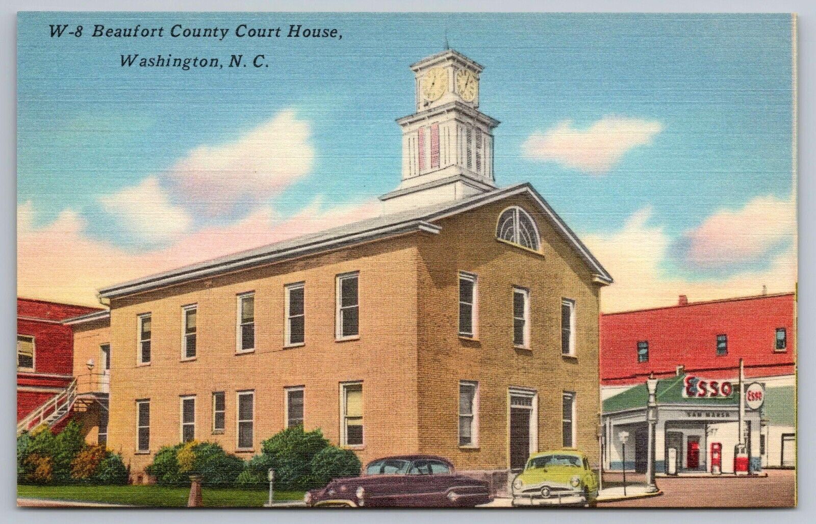 Beaufort County Court House Old Cars Esso Station Washington NC Linen Postcard