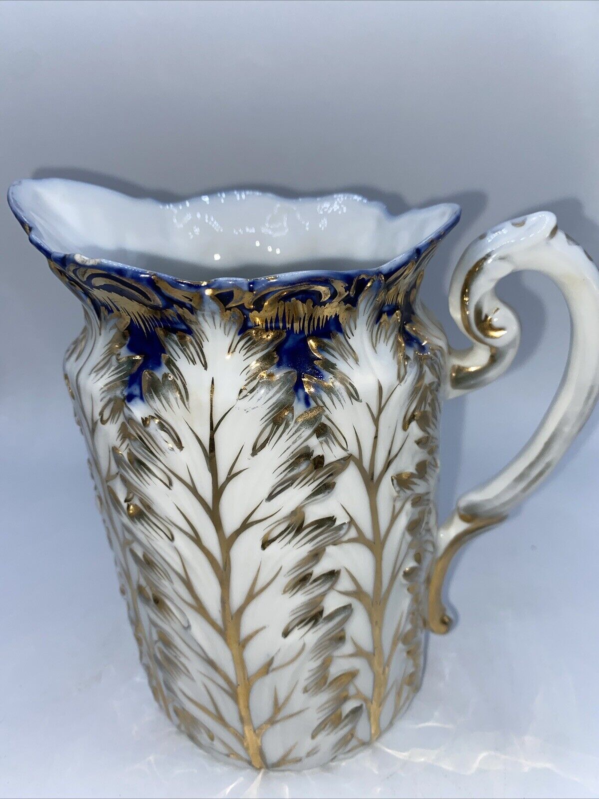Antique Porcelain Pitcher Gold Blue Stunning Marked