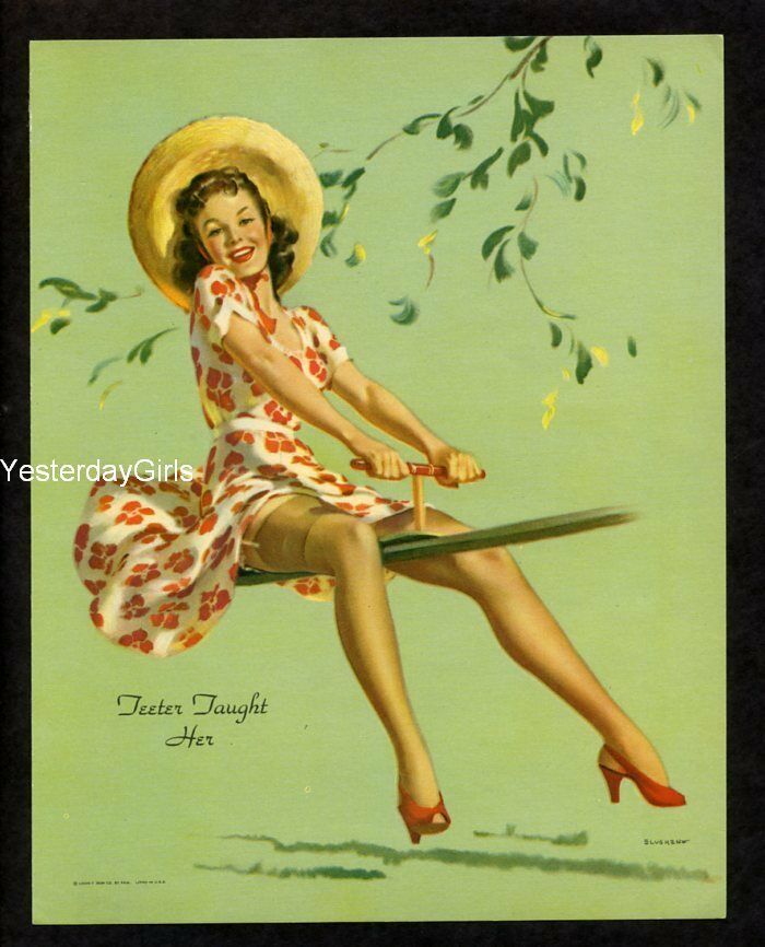 YGRT-0782 ORIGINAL VINTAGE 1950\'S PINUP LITHO ELVGREN TEETER TAUGHT HER LEGS