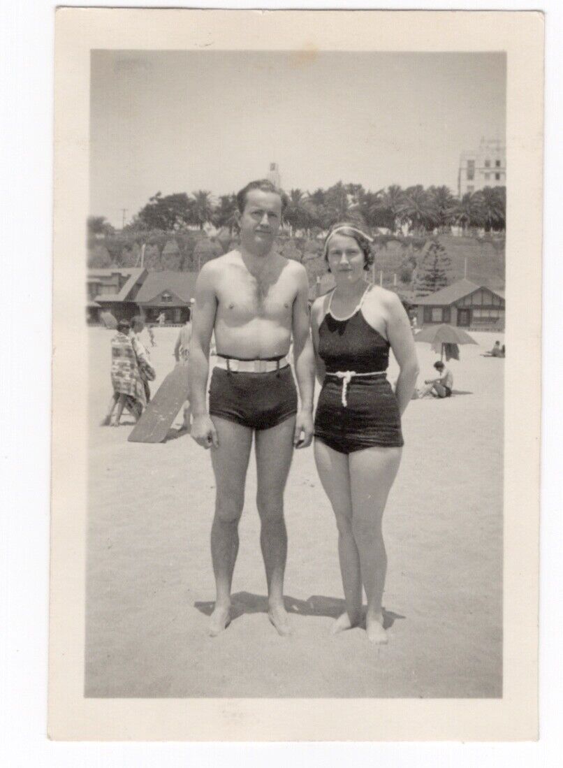 Vintage Photo Couple on Beach c1930s Swimwear Shirtless Man Snapshot