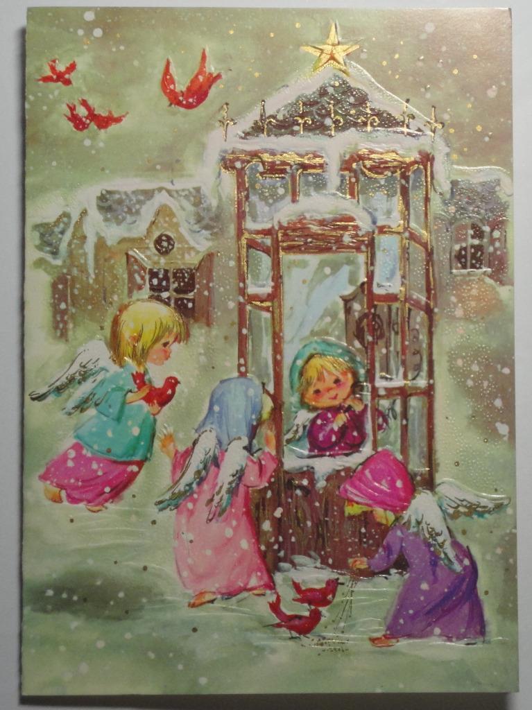 UNUSED Vintage 1970s Hawthorne-Sommerfield Christmas Card SNOW ANGELS FEED BIRDS