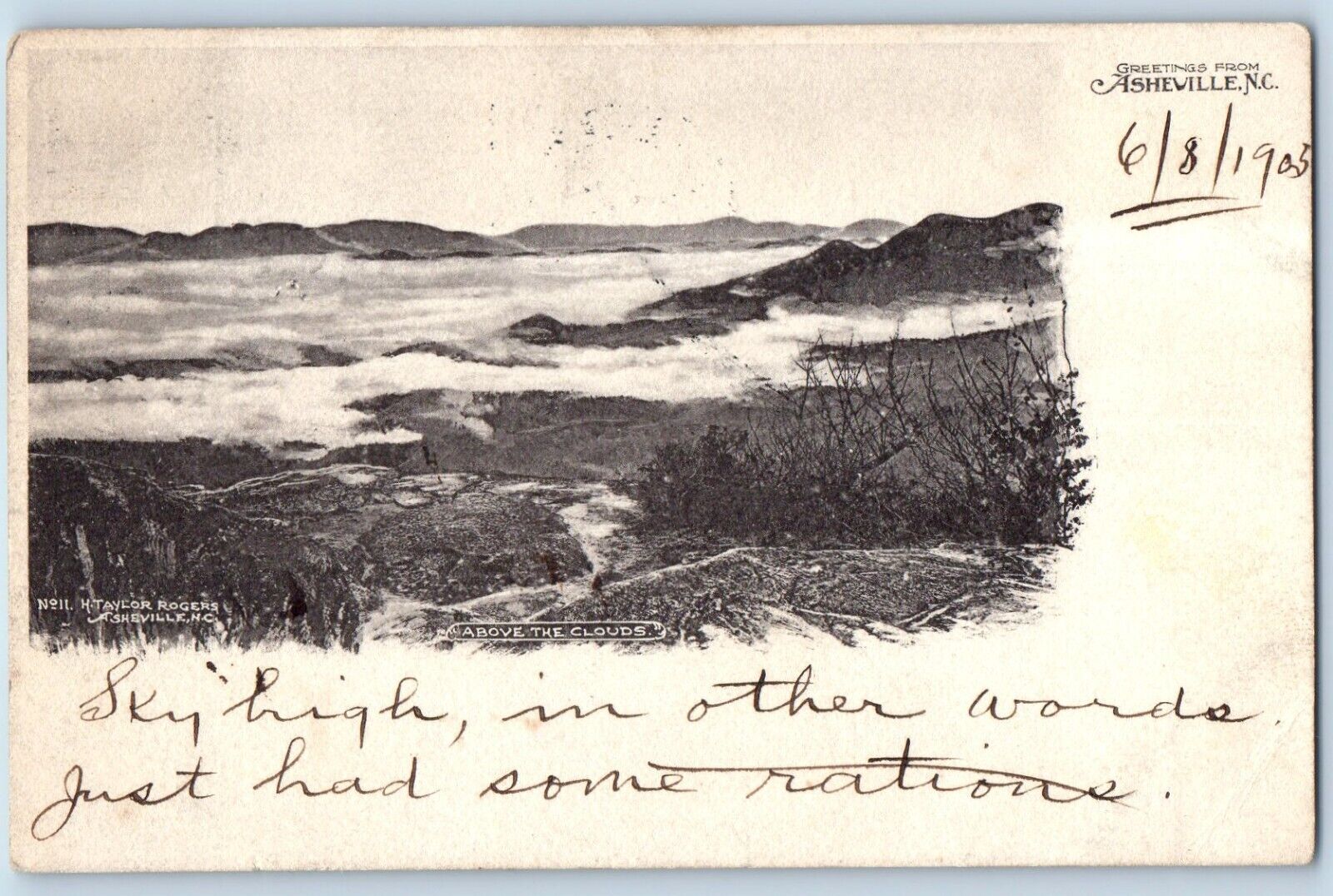Asheville North Carolina Postcard Greetings Above The Clouds Mountain View c1905