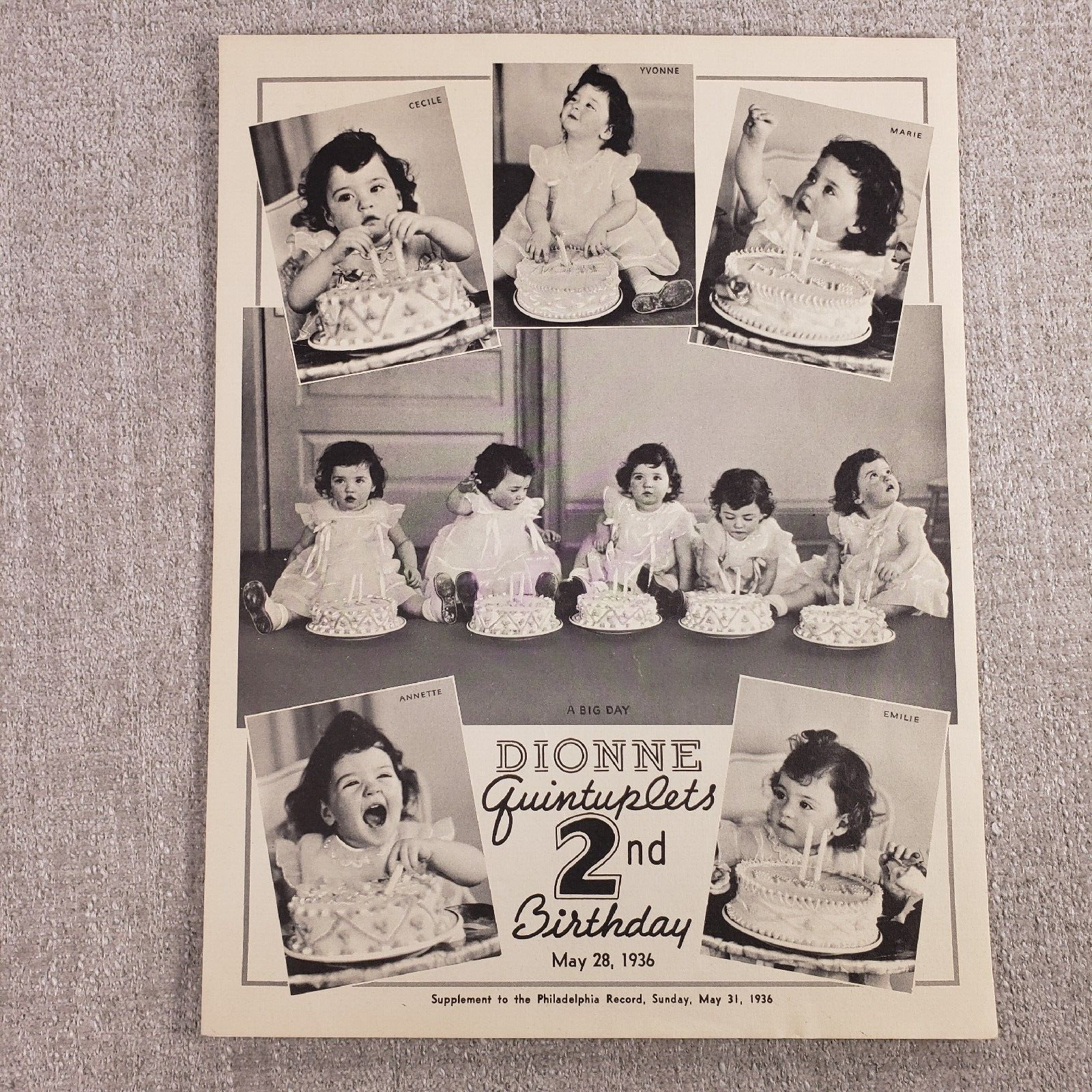 RARE 1936 Dionne Quintuplets 2nd Birthday Philadelphia Record Supplement Sheet