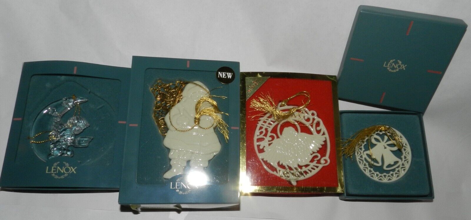Lot of 4 Lenox Crystal + China Christmas Ornaments  - Santa with Pack, Doves, Ch