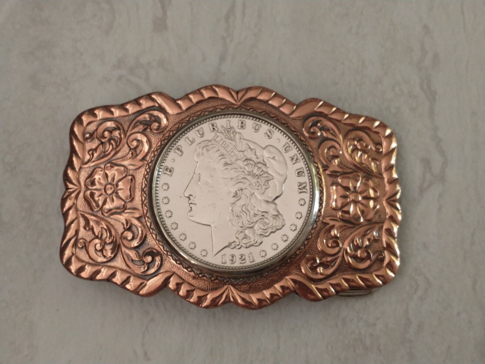 Vintage Bell Trading Post 1921 Silver Morgan Dollar Copper & Silver Belt Buckle