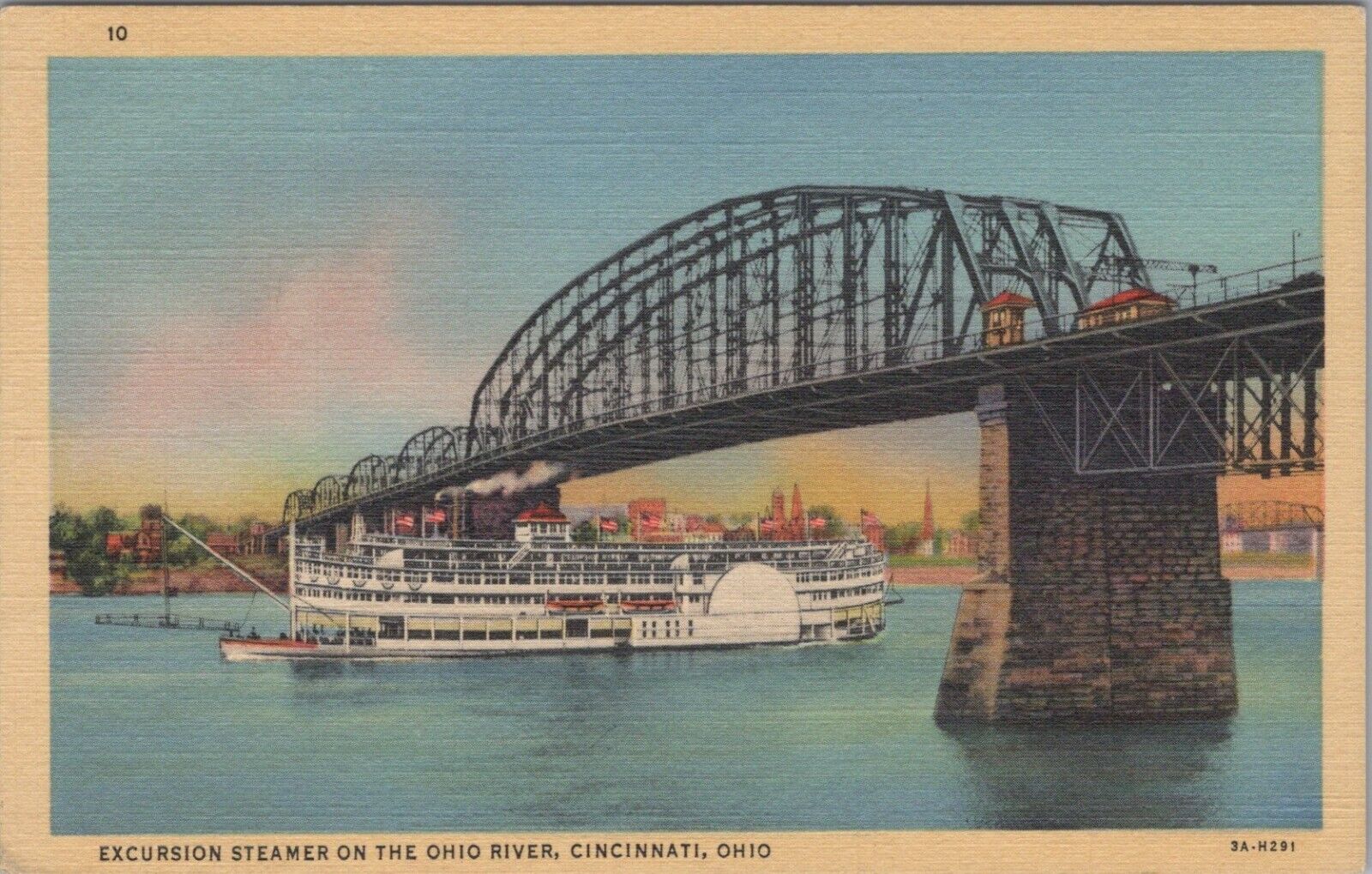 Postcard - Excursion Steamer on the Ohio River Cincinnati Ohio RR Bridge - A075