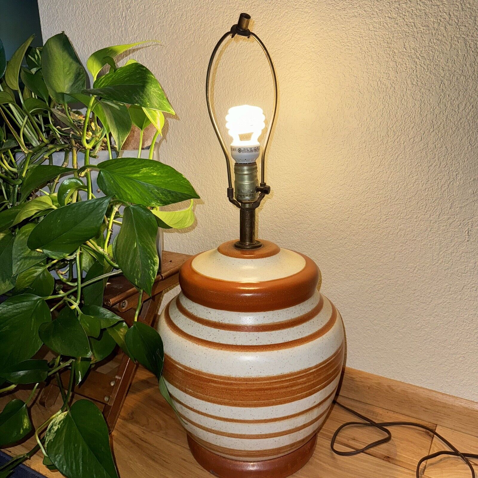 Vtg Mid Century Modern Table Lamp 24” 1960s Pottery Orange Stripe Retro MCM