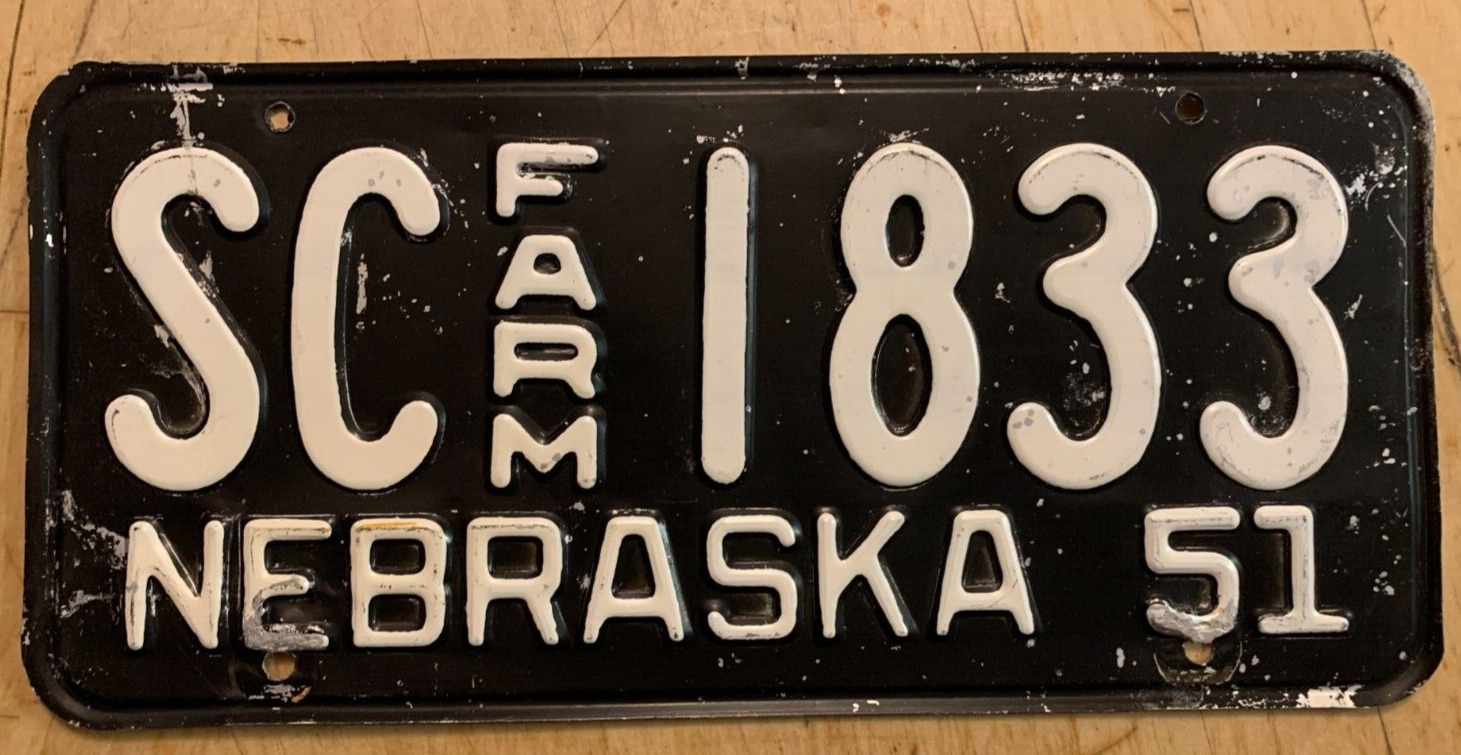 1951 NEBRASKA FARM FARMER FARMING LICENSE PLATE \