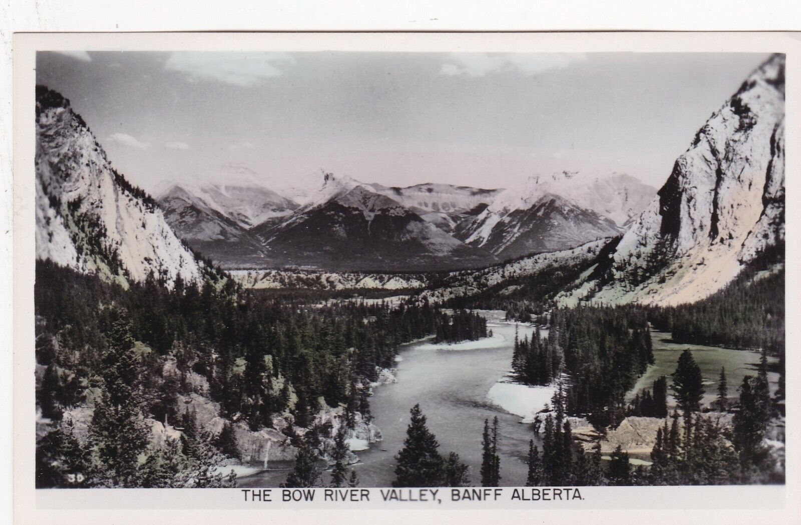 Bow River Valley Banff Alberta Canada Hand Colored Photo Postcard 1940\'s