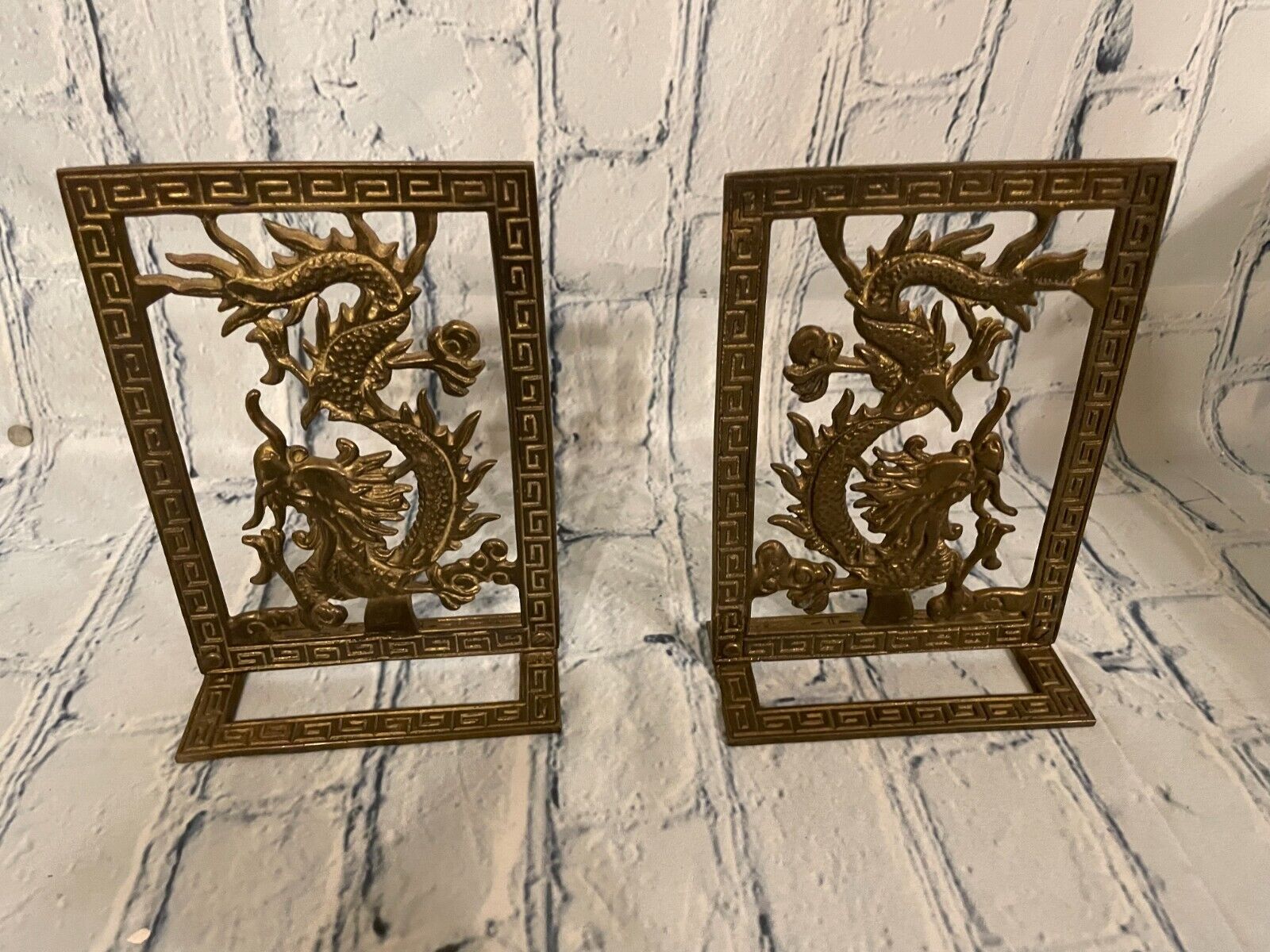 Chinese Japan Dragon Brass Bookends Mid Century Sculpture Statue Mcm Eames Era