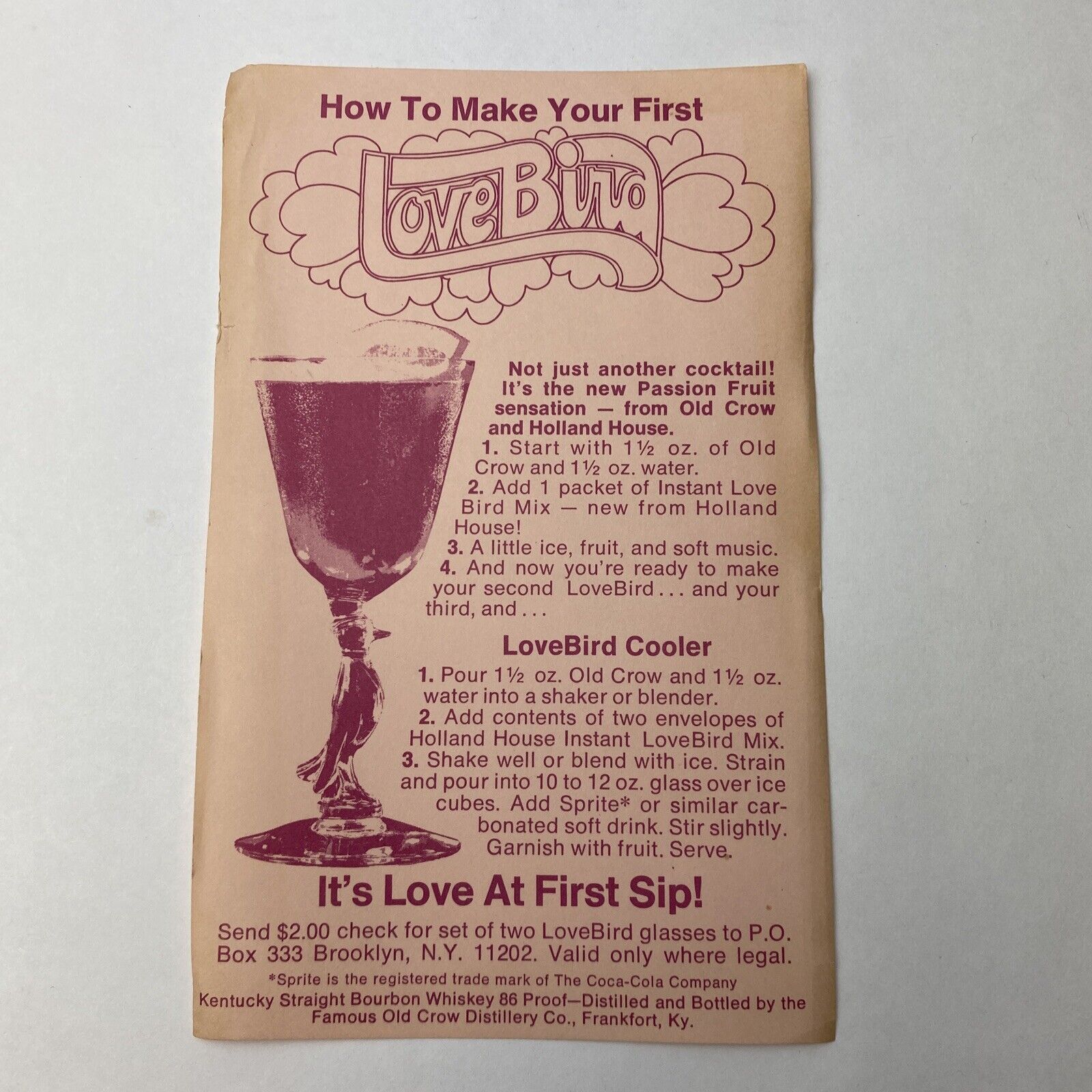 LoveBird Cooler Recipe Old Crow Love Bird Love at first Sip Glasses Print Ad 6x4