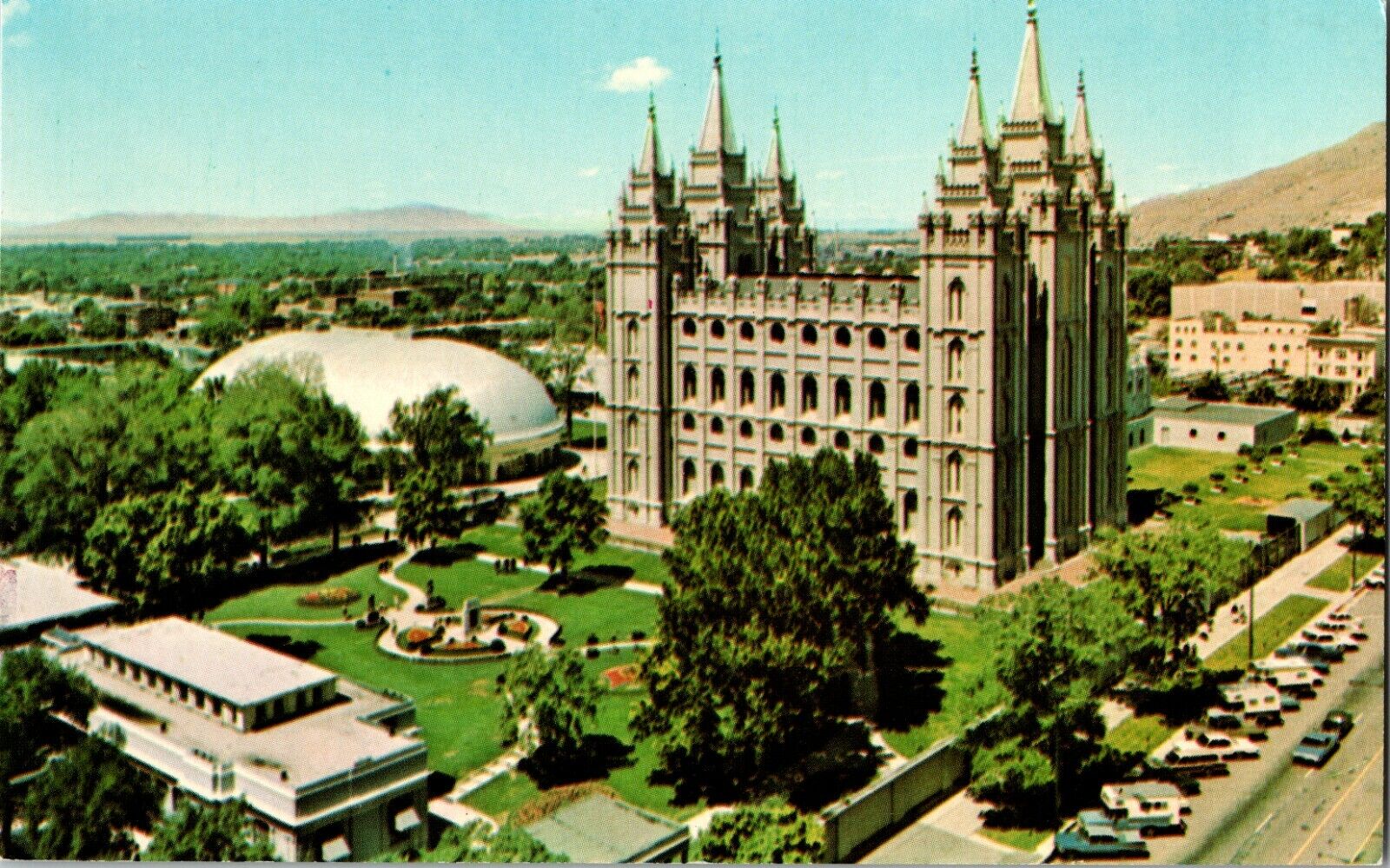 Postcard UT Semi-Aerial view Temple Square Mormon Classic Cars Salt Lake City 