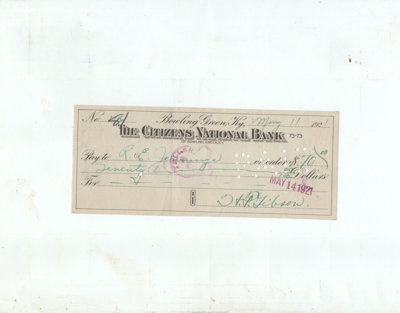 Bowling Green Kentucky 1921 bank check signed by R. E. Jennings and H. F. Gibson