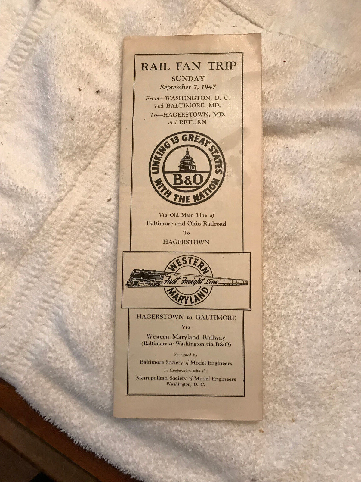 1947 BROCHOUR RAIL FAN TRIP WESTERN MARYLAMD R.W. WASHINGTON ,BALT.HAGERSTOWN MD