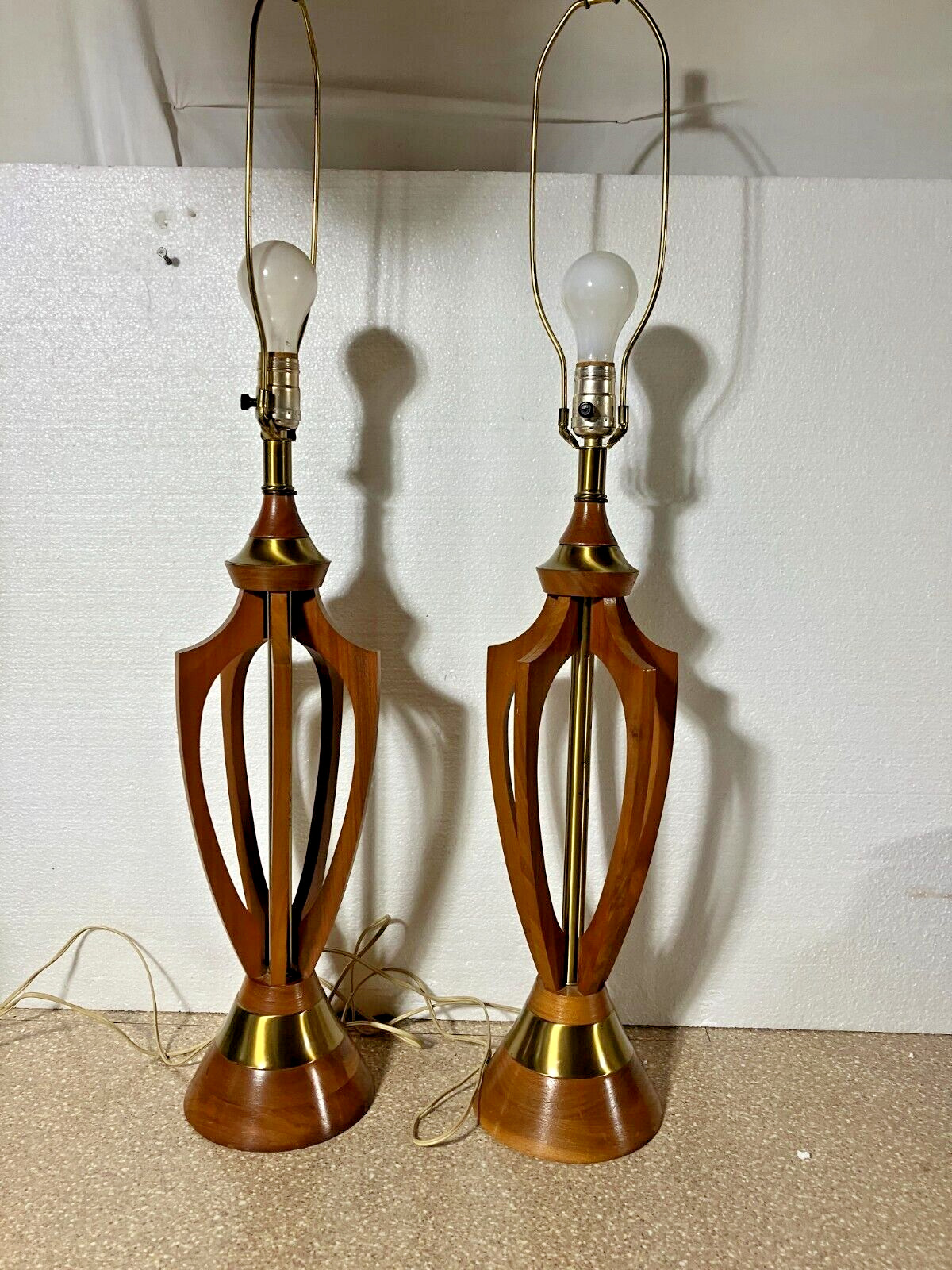 Mid-Century Pair Danish Modern Adrian Pearsall Style Walnut Wood Table Lamps
