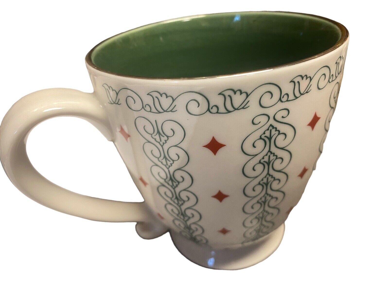 2003 Starbucks Barista Coffee Cup Mug White Green Interior Scroll-Red Diamonds